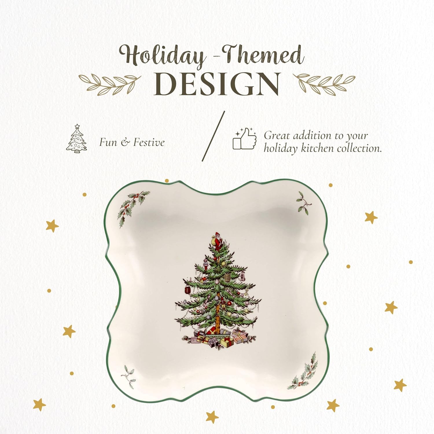 Spode Christmas Tree Devonia Tray - 8.5 Inch Festive Serving Bowl in Fine Earthenware for Salad, Pasta, Fruit - Holiday Tableware - Microwave, Dishwasher, Freezer, Oven Safe