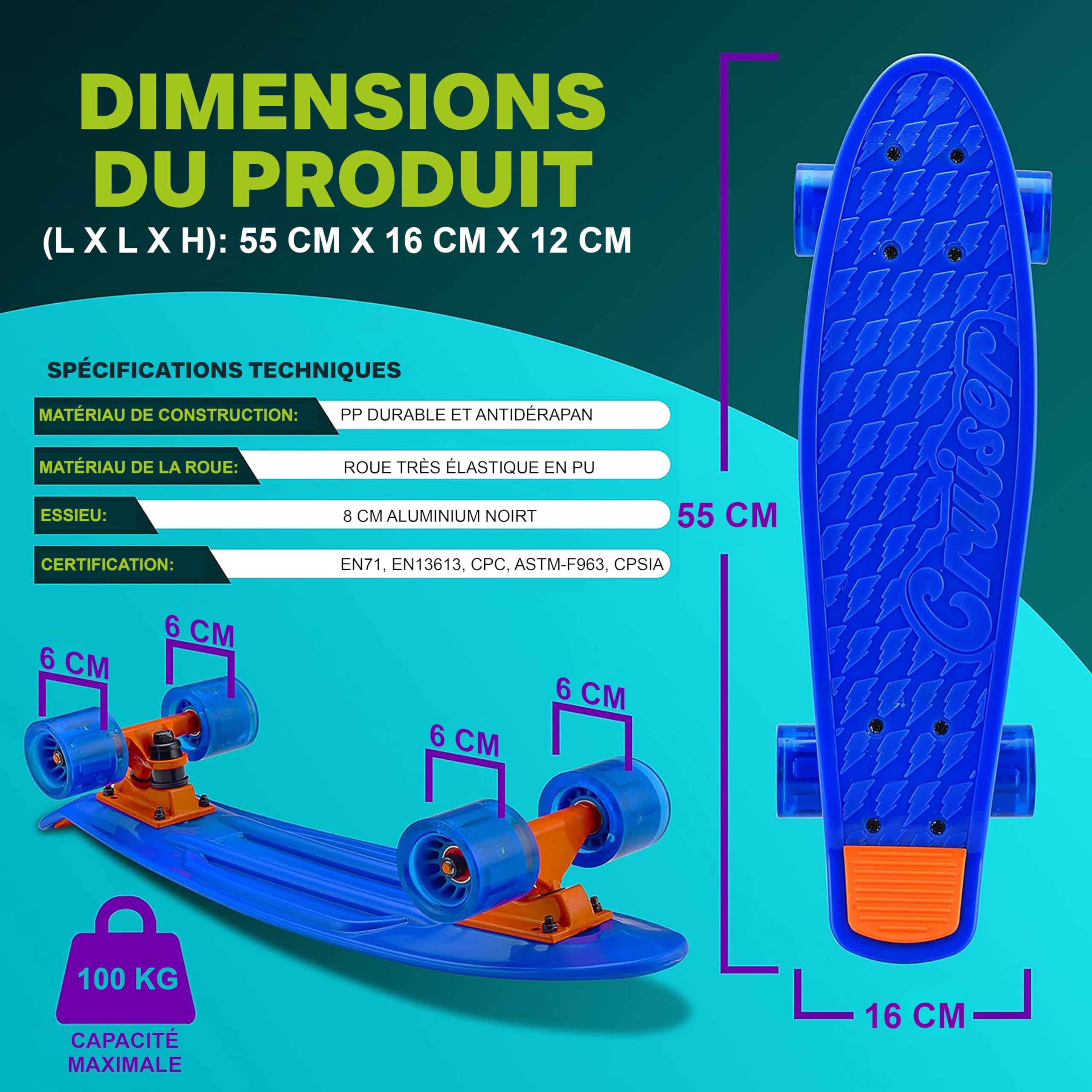 Hurtle Skateboard Enfant Planche à Roulette Pont PP 15 cm Camion Alliage Aluminium 8 cm Roues PU LED Lumière Fille Garçon