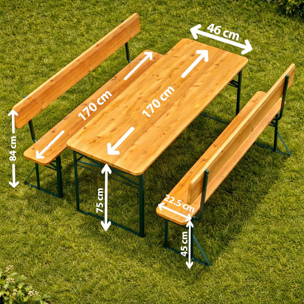 BAKAJI Set 3 Pezzi Birreria con Tavolo Pieghevole e Panche da Esterno, Struttura in Acciaio Comoda, Seduta Ergonomica e Resistente, Ideale per Giardino, Bar, Campeggio, Sagra (170 cm con Schienale)