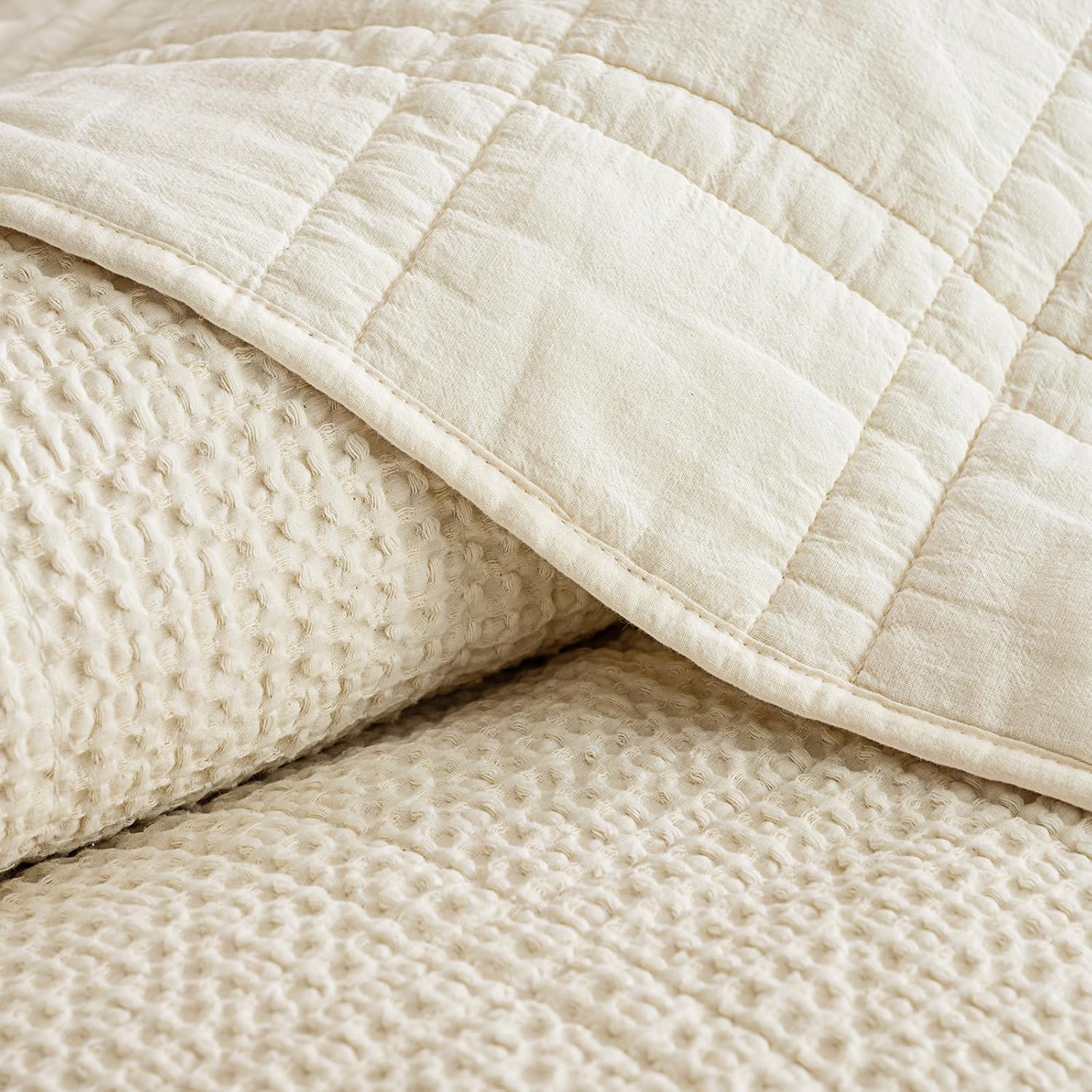 PHF Stone-Washed Waffle Quilt Set King Size (106"x90") - 100% Cotton Cover, 3PC Lightweight Diamond Quilted Bedspread with Polyester Fill, Soft Vintage Coverlet for Home Decor, Natural Undyed