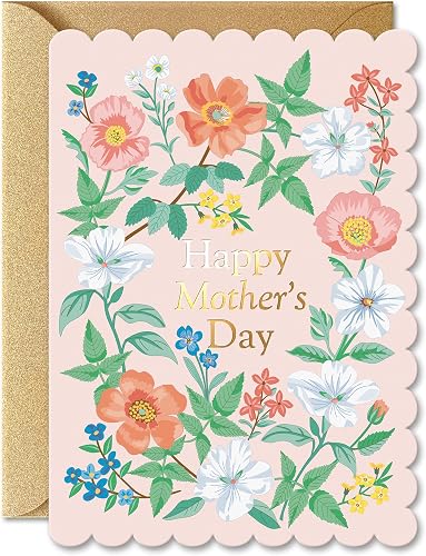 SWEETZER & ORANGE Pink Floral Mother’s Day Card – Gold Foil 5x7” Mother’s Day Card With Scalloped Edges, Gold Kraft Envelope & Gold Seal – “Celebrating The Love You Give” Message Inside