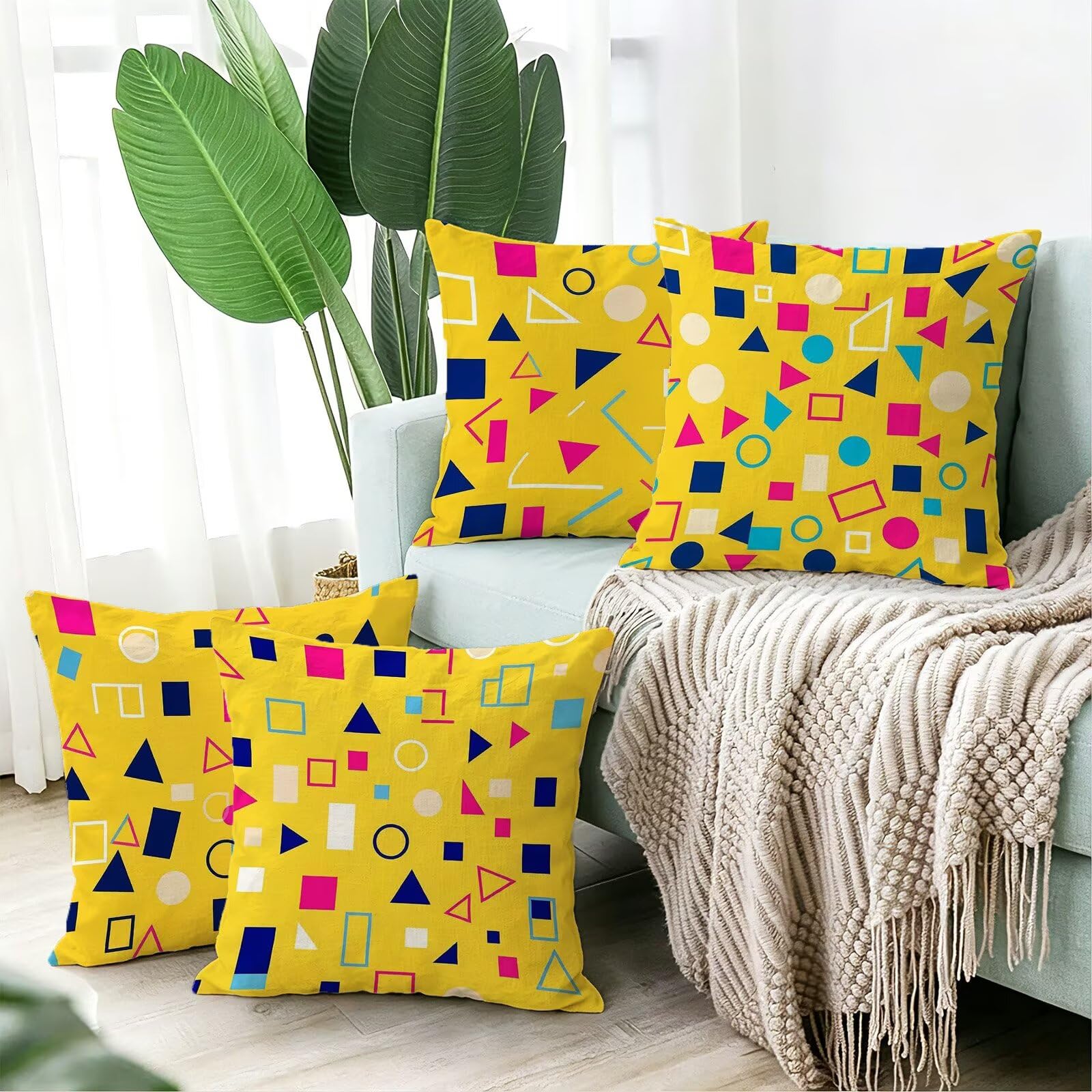 Giallo Federe Cuscini Divano 50x50cm, Cuscini da Esterno Set de 4, Cod-113 | Velour Copricuscini Decorativi Letto Arredo, per Letto, Soggiorno, Giardino, Esterno, Casa Decorazione Set di 4 Geometria