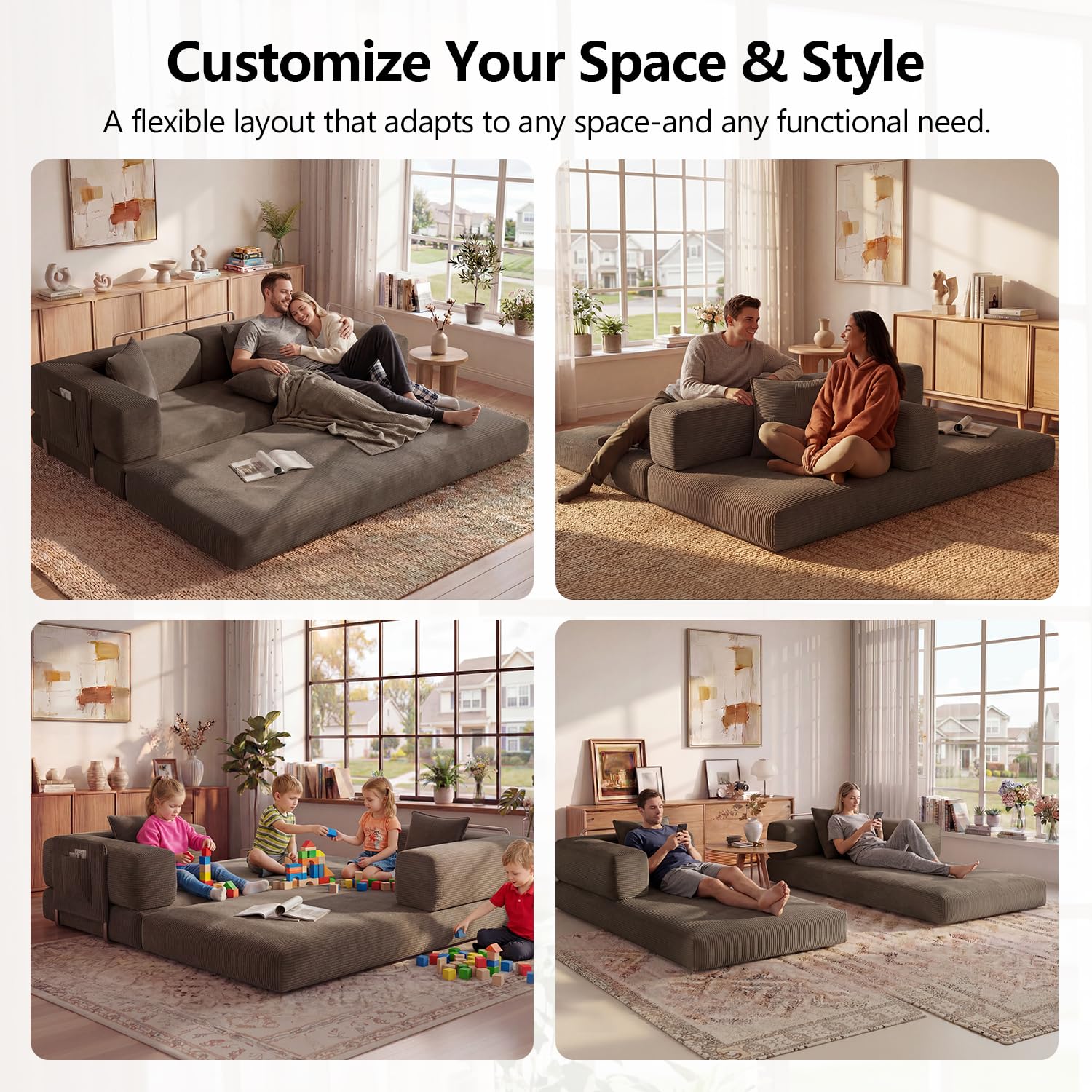 79" Convertible Futon Sofa Bed, Boneless Couch for Living Room | Modular Boneless Sleeper Sofa, Corduroy Pull Out Floor Couch Loveseat with Storage Pocket, No Assembly, Brown