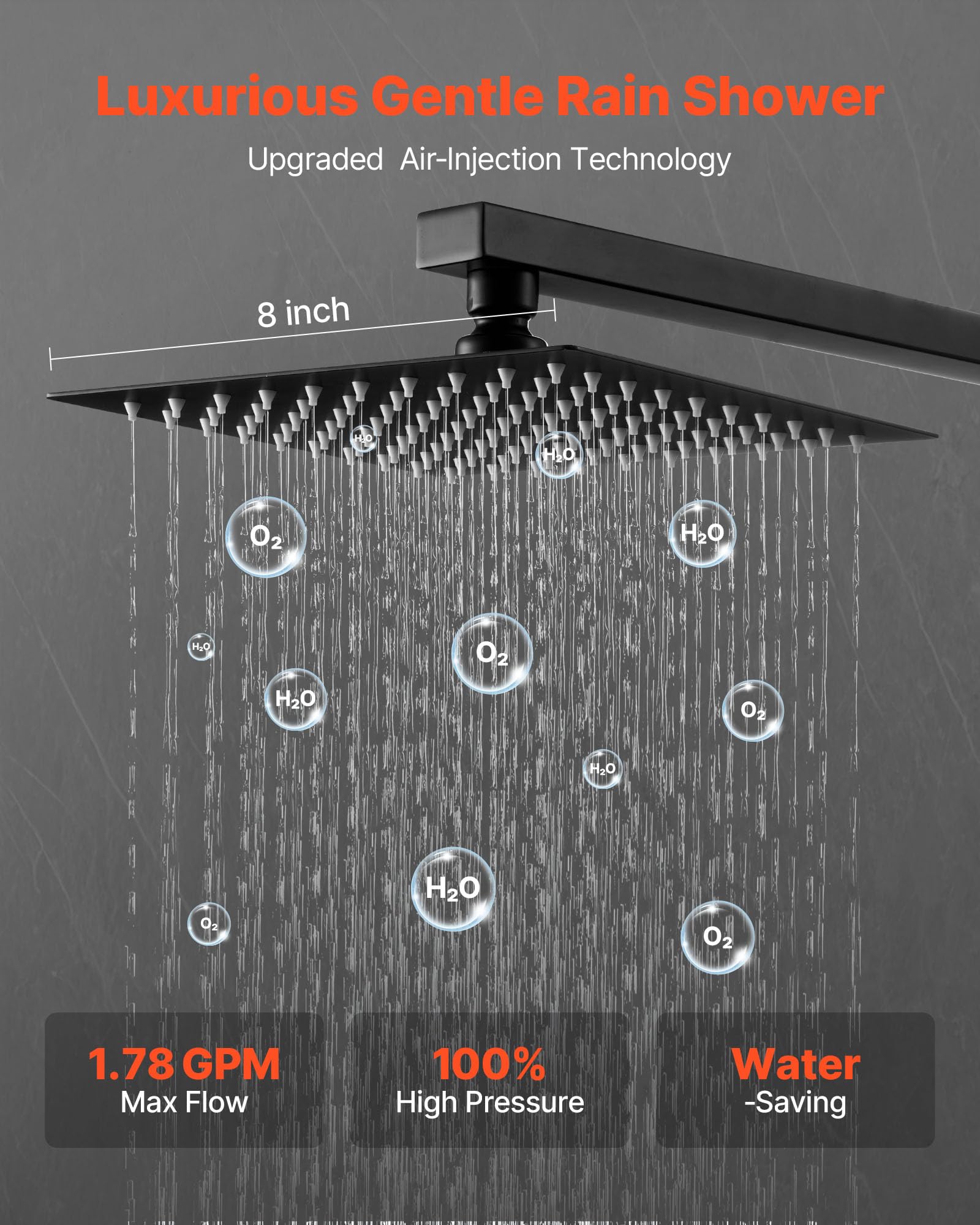 VEVOR Juego de Grifo de Ducha de Lluvia con Cabezal de Ducha cuadrado de 20,3 cm y Rociador de Mano, Grifería de Baño de Pared con Válvula de Latón y Kit de Embellecedor, 6,7 L/min, Negro Mate