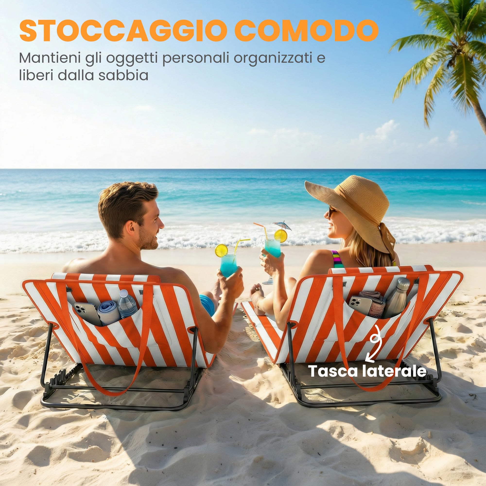 Outsunny Set 2 Lettini da Spiaggia con Schienale Regolabile su 4 Livelli, Lettini da Spiaggia Pieghevoli con Poggiatesta, Tasca Laterale, Lettino Prendisole per Mare Piscina, Arancione e Bianco