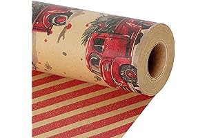 BIOBROWN Reversible Kraft Christmas Wrapping Paper Roll with Trim Ribbon