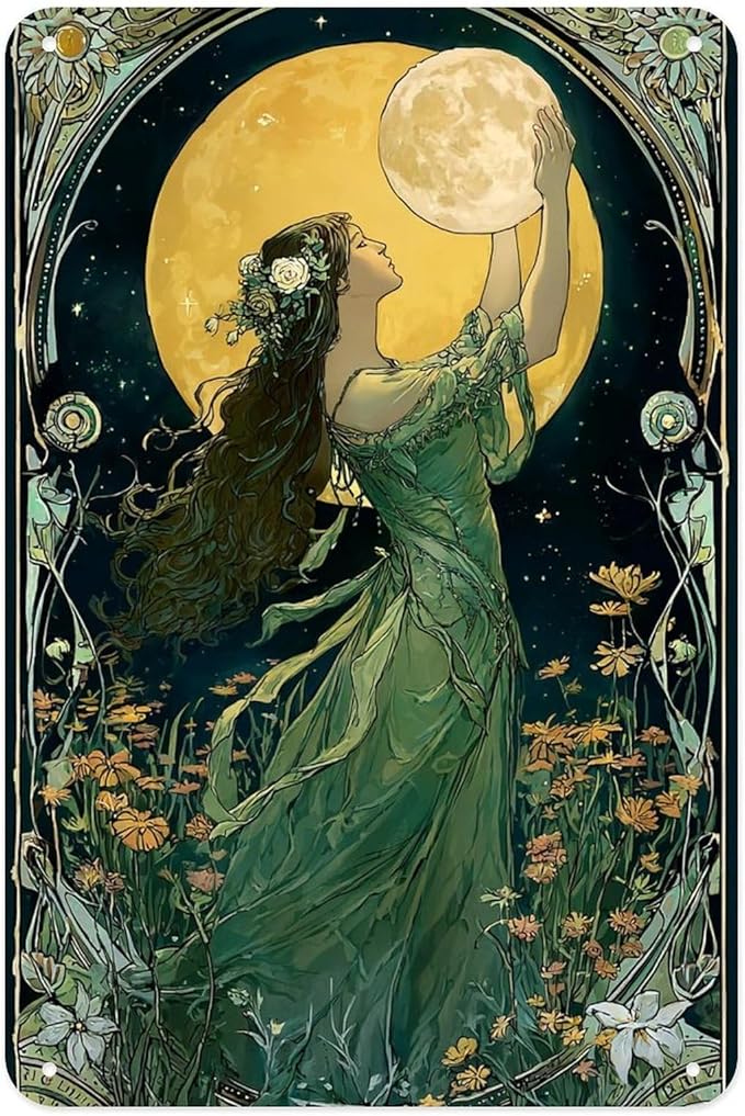 Vintage Art Nouveau Woman with Moon Metal Sign Print Aesthetic Room Decoration for Home Bedroom Kitchen Bar Dorm Bathroom Wall Decor 8 X 12 Inch