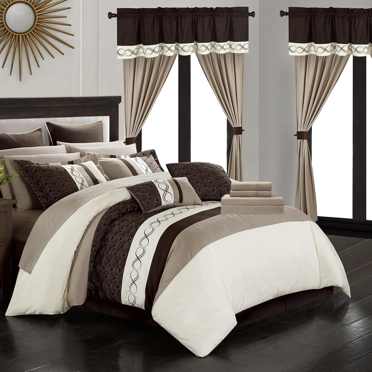 Chic Home Idit 24 Piece Comforter Set Color Block Embroidered Design Complete Bag Bedding, Queen, Beige : Home & Kitchen