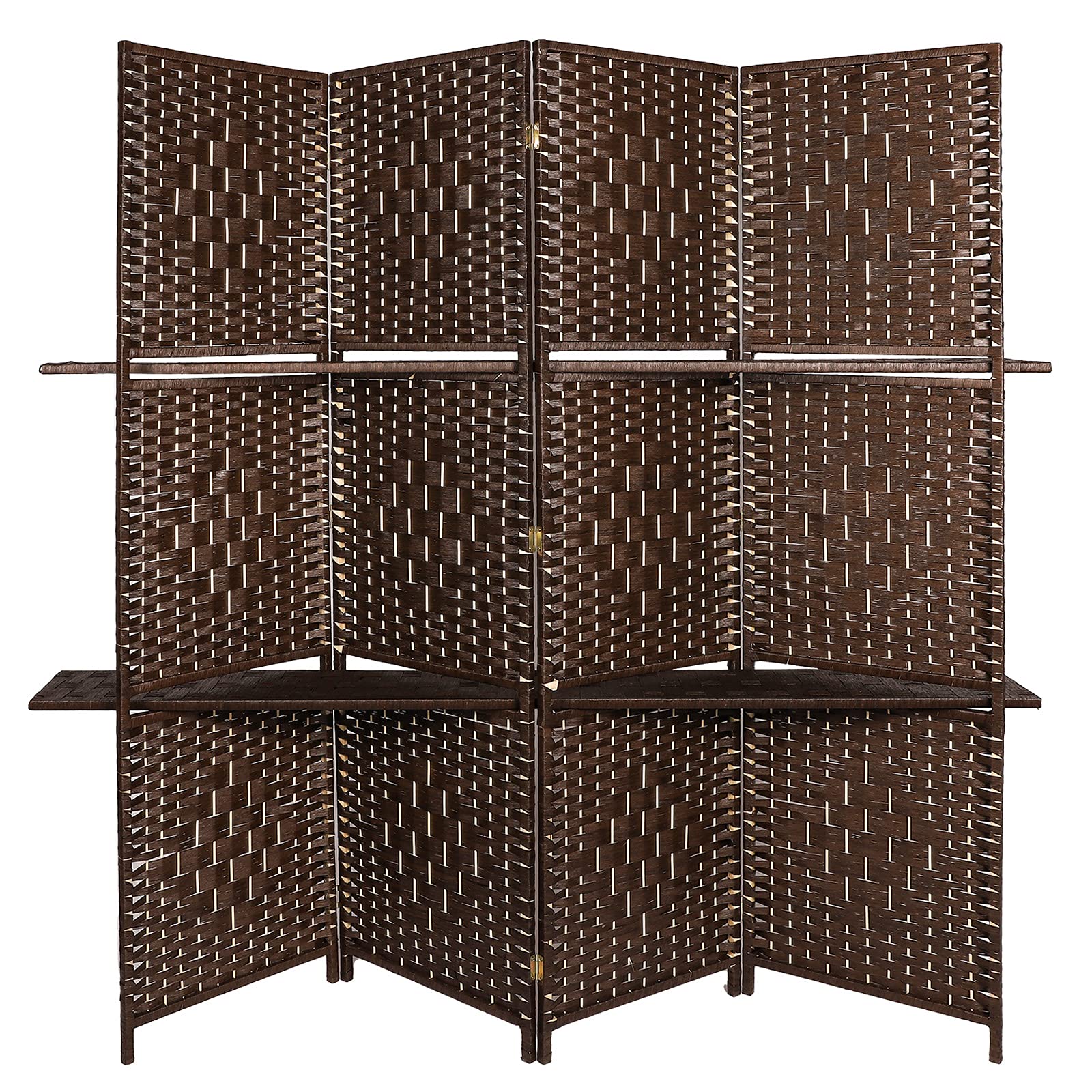 Photo 1 of 4 Panels Room Divider Hand-Woven Design Screens with Removable Storage Shelves 6ft High Fiber Freestanding Privacy Room Dividers Suitable for Living Room, Office and Study, Brown