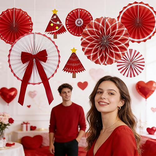 Miniatura 6 de Decoración de abanico de papel de Navidad, decoraciones de sombrero de Papá Noel, divertidos abanicos de papel colgantes rojos con estrellas doradas