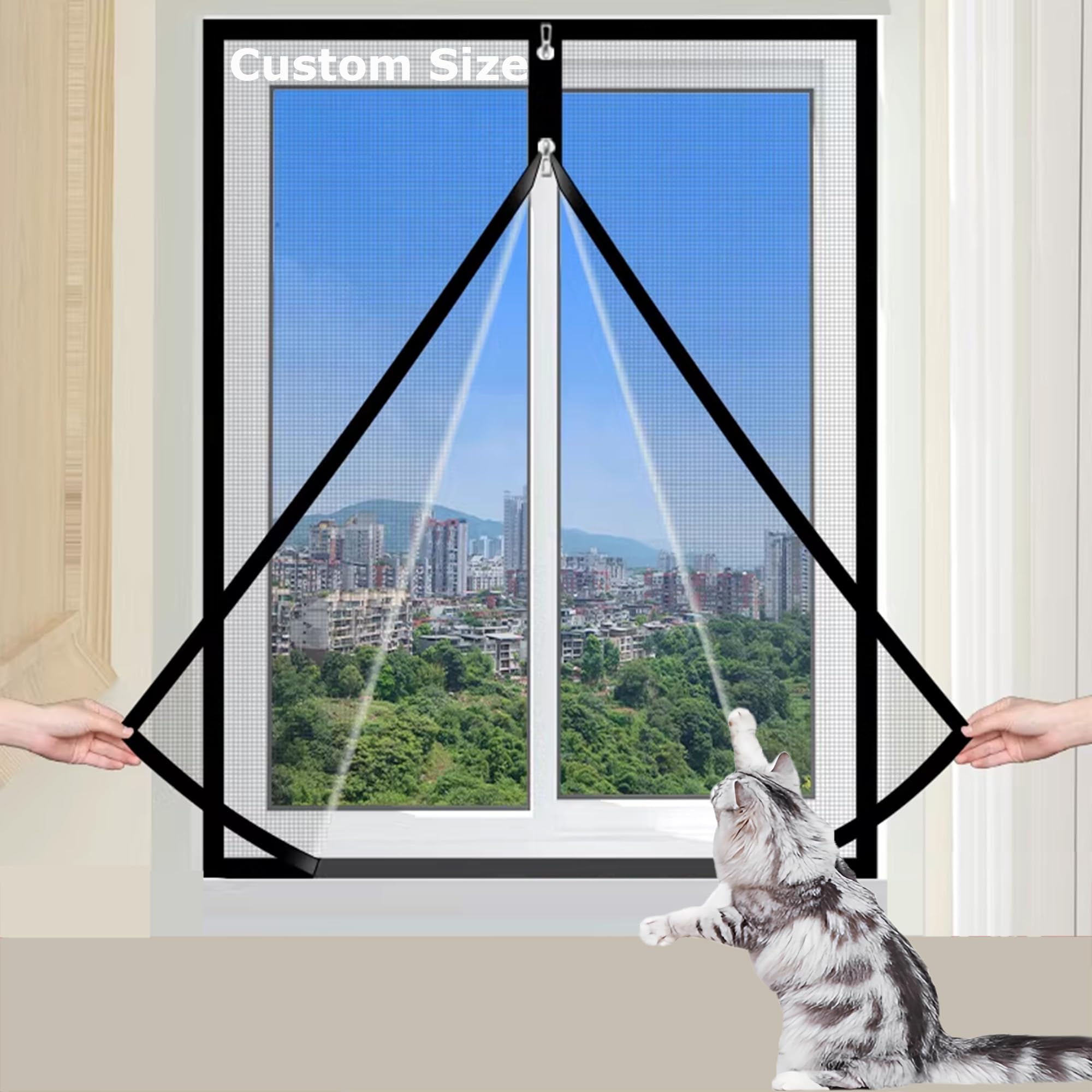 Custom Size Window Screen Mesh Self-Adhesive, Window Netting for Insects Mosquito with Double Zip Opening, Semi-Transparent Cat Safety Net, Cat Protection Mesh