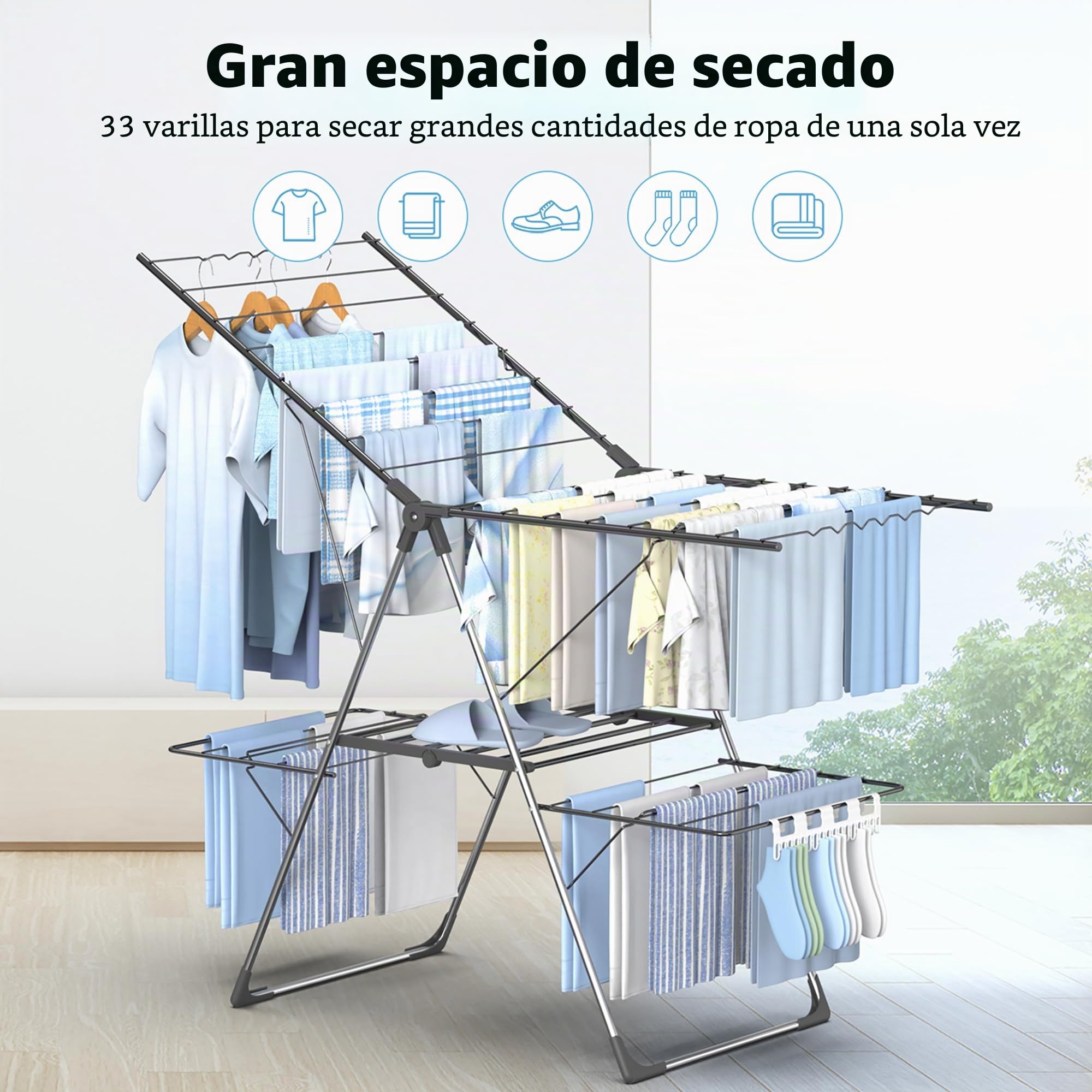 Innotic - Tendedero de Ropa Interior Exterior, Plegable, 2 Niveles, 4 alas Ajustables en Altura, Tancarville, Ropa XXL, 33 Barras, Gris