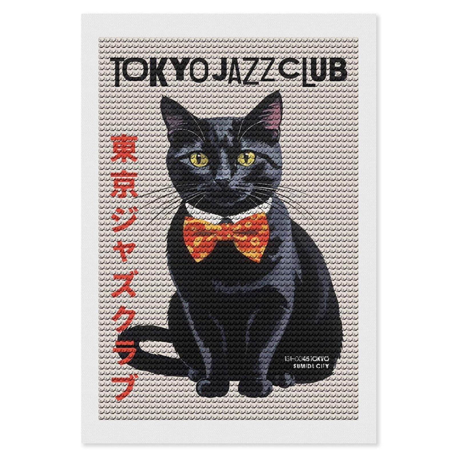 Junmoney Tokyo Jazz Club Cat Diamond Painting Canvas Kit 8"x12", Round Gems, Living Room Decor, Seasonal Gift Choice, Modern Decor