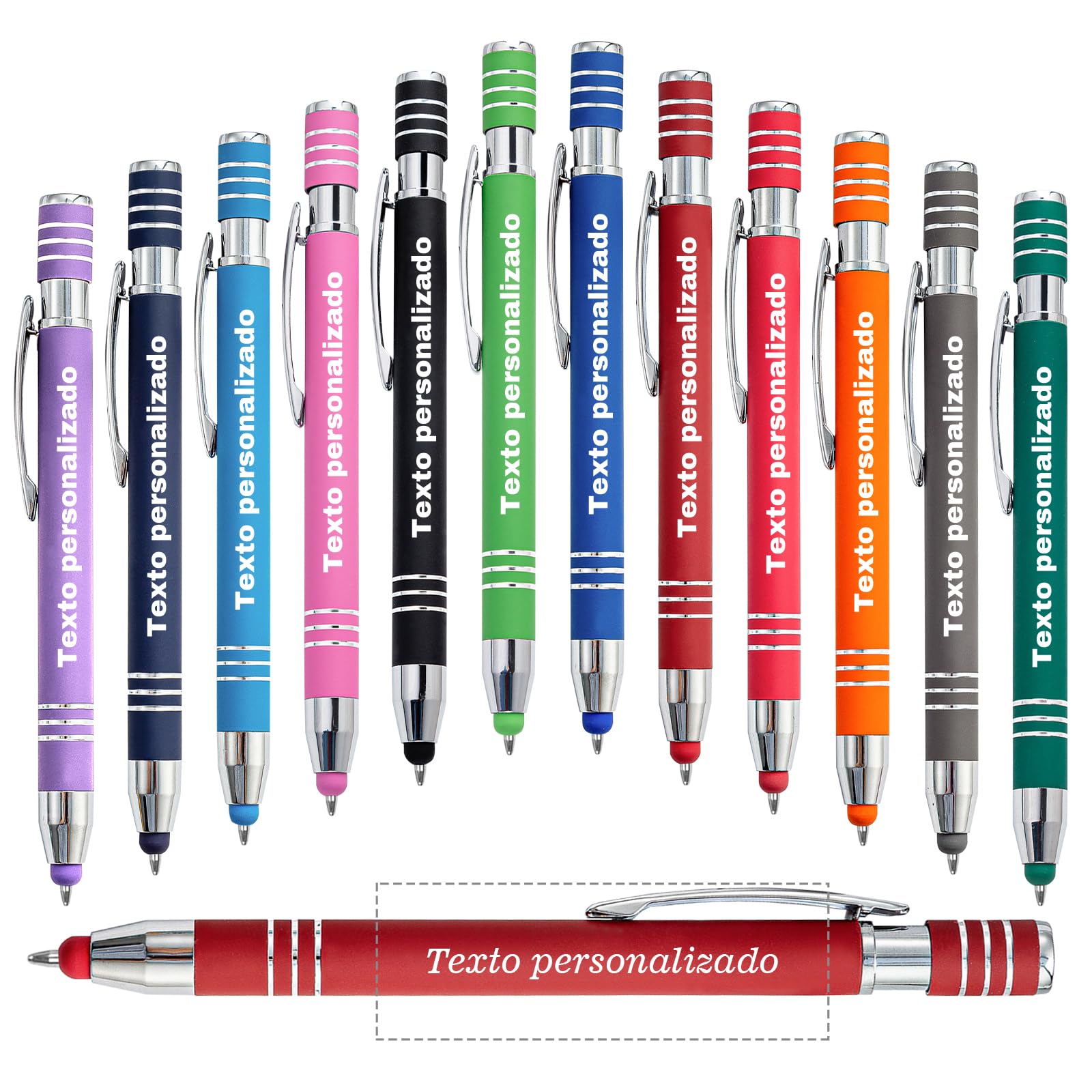Bolígrafo multicolor personalizado, Bolígrafo personalizado de tacto suave con lápiz capacitivo, Bolígrafo de metal personalizado con nombre, para oficina, negocios, escuela, Tinta negra - 12 Pieza