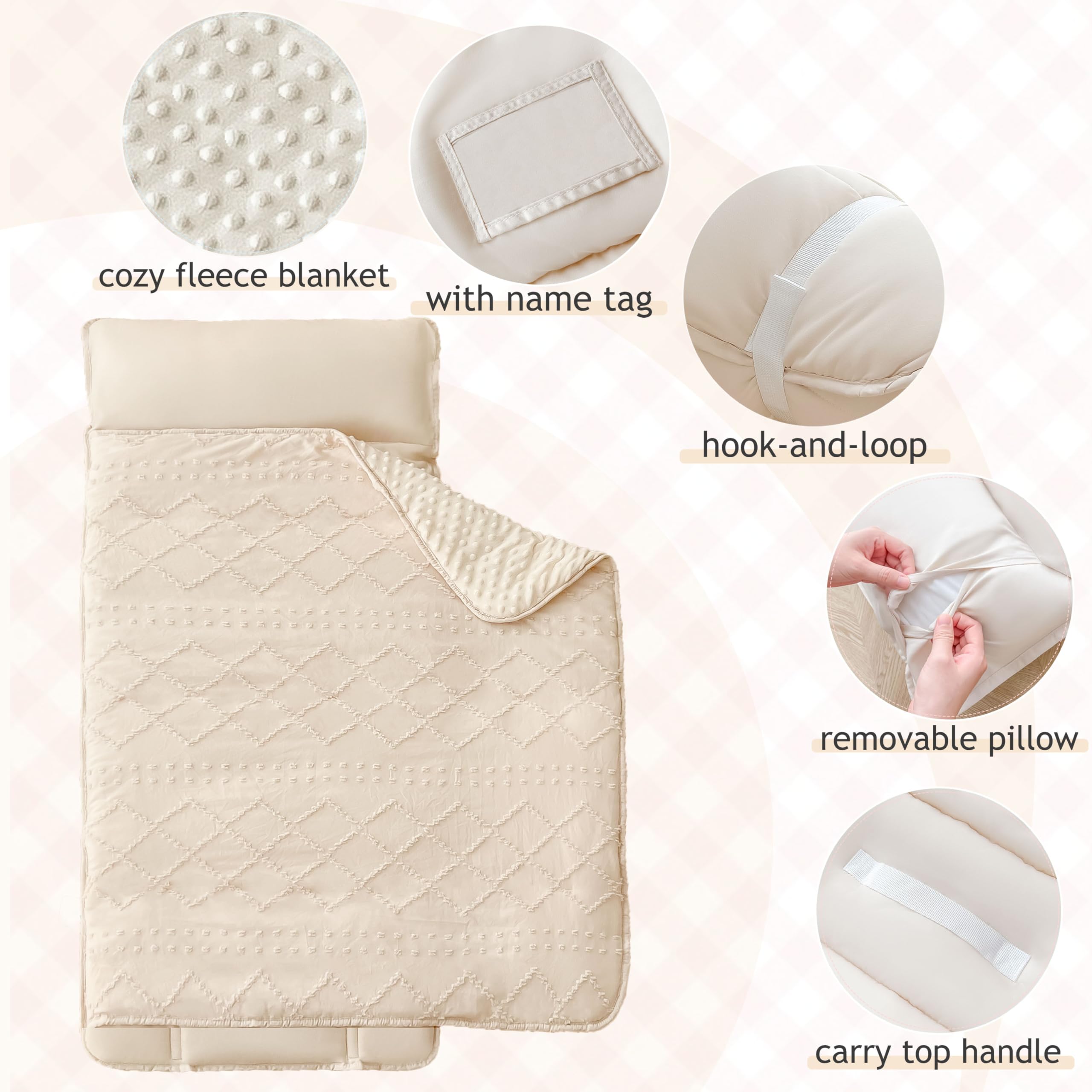 Toddler Nap Mat for Daycare Preschool Girls Boho Tufted Geometric Kids Sleeping Mat Pad Toddler Bedding Set Portable Baby Sleeping Bag with Pillow and Blanket for Travel Camping Outdoor