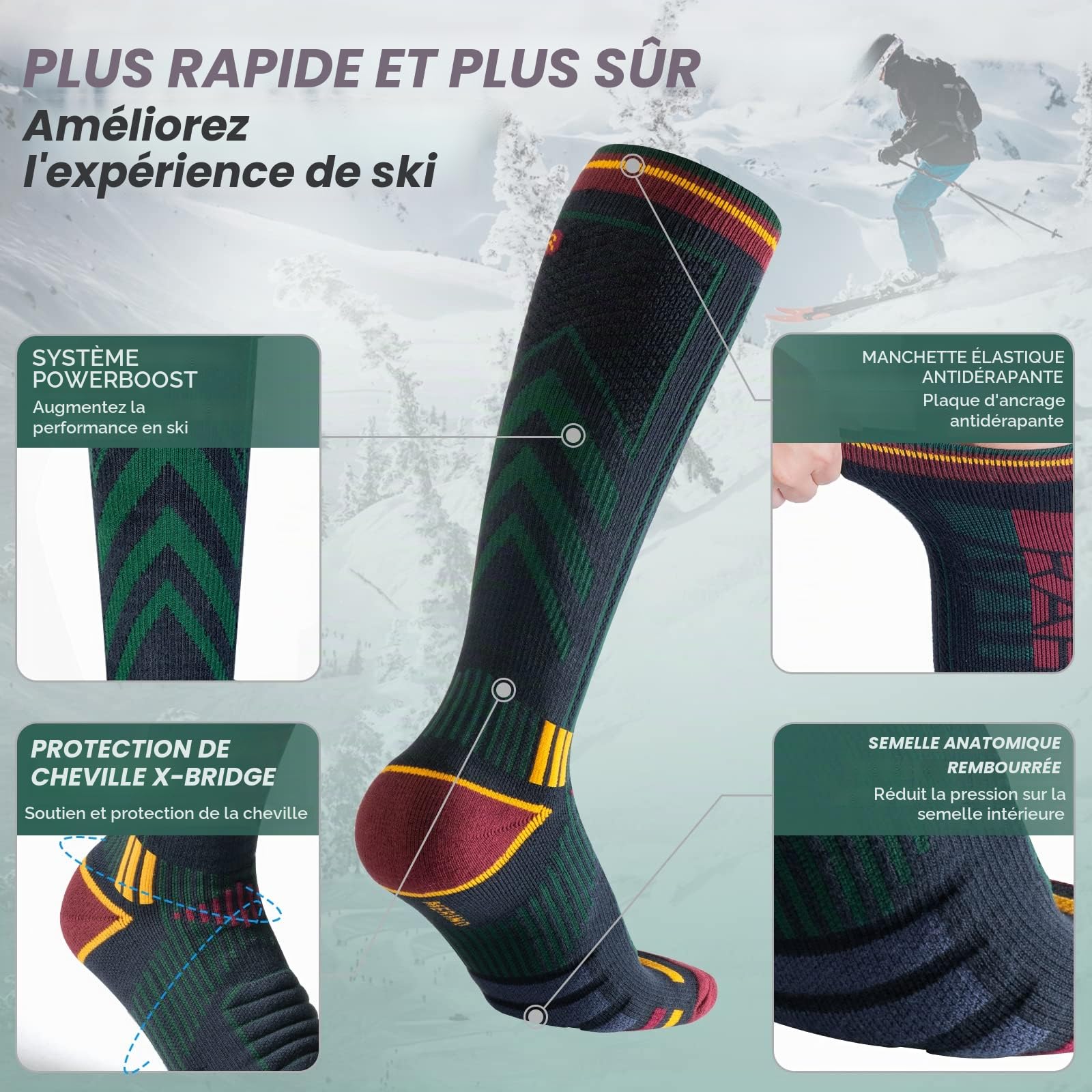 Rahhint 2 Paires Chaussette Ski En Laine Mérinos Pour Hommes,Femmes Et Jeunes,Chaussettes De Ski Thermiques épaisses Pour Les