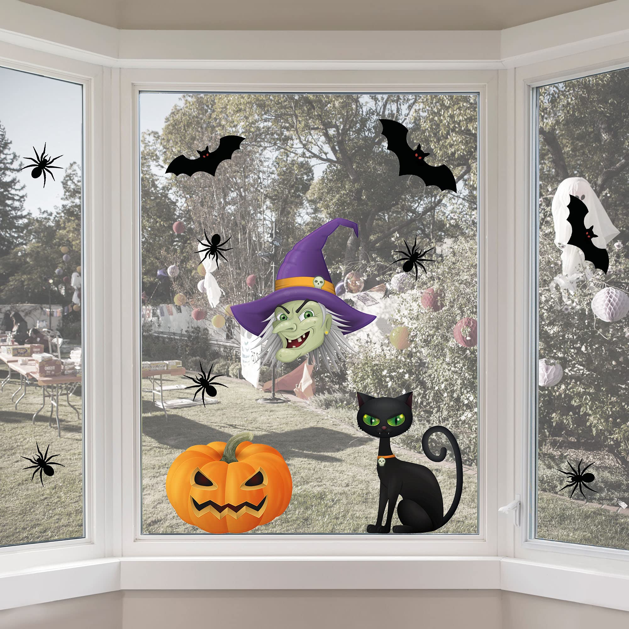 Articlings Black Halloween Window Clings Witches Head, Pumpkin, Cat, Bats, And Spiders - Non-Adhesive Stickers - Quickly Decorate Your Windows