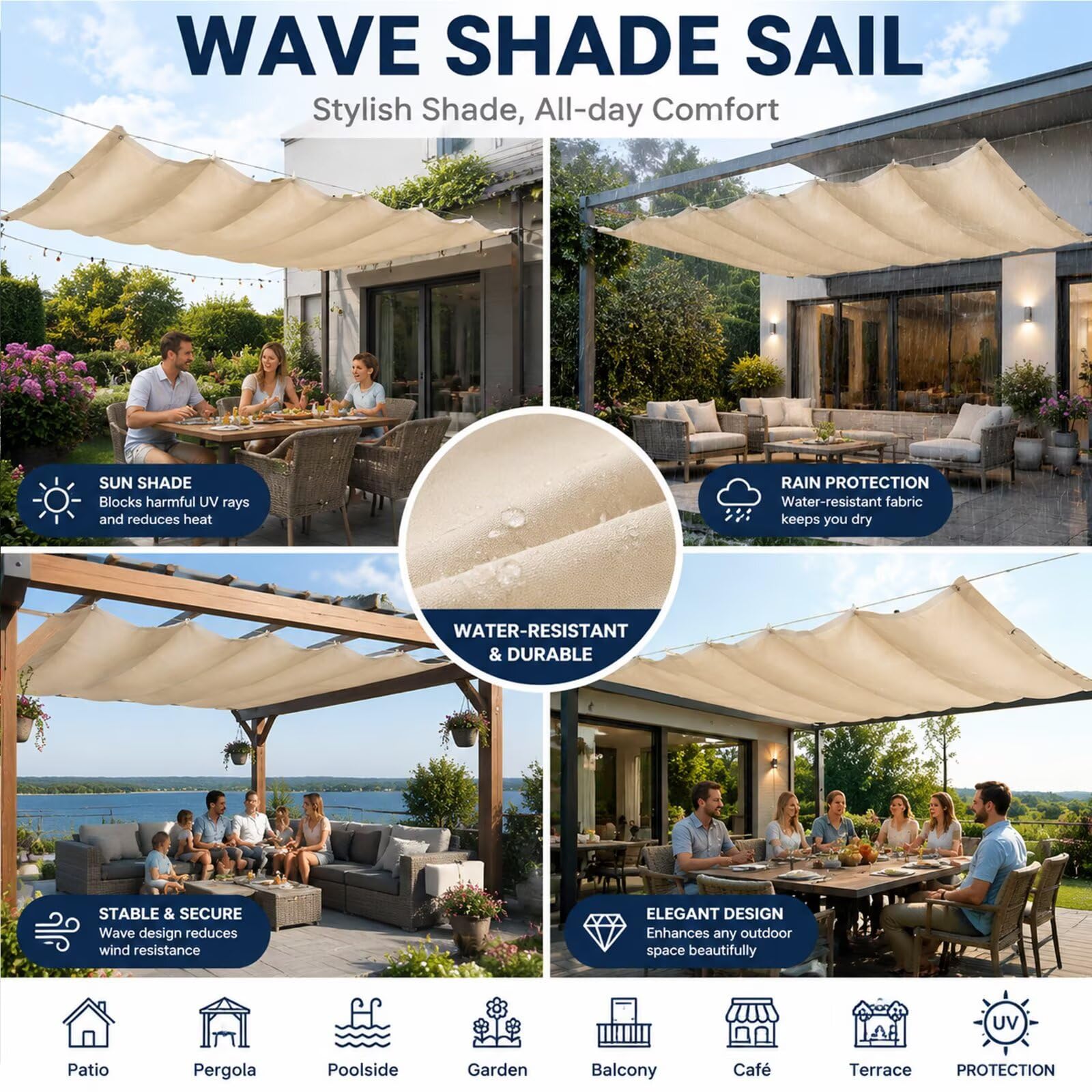 Wellen Sonnensegel 200x400cm,Terrassenüberdachung ausziehbar,Sand | Robustes 230g/m² HDPE Segel,hitzeisolierender UV & Regenschutz für Holzpergola,Edelstahl Ösen,4 Jahreszeiten nutzbar
