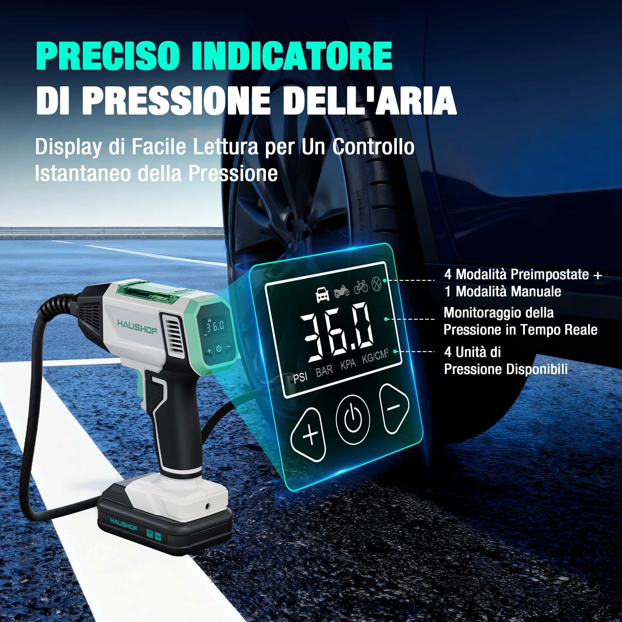 HAUSHOF Compressore Aria Portatile, Mini Compressore a Batteria con 2000 mAh, 4 Modi Intelligenti + Manuale, Display Digitale e Spegnimento Automatico per Pneumatici Auto, Moto, Bici e Palloni