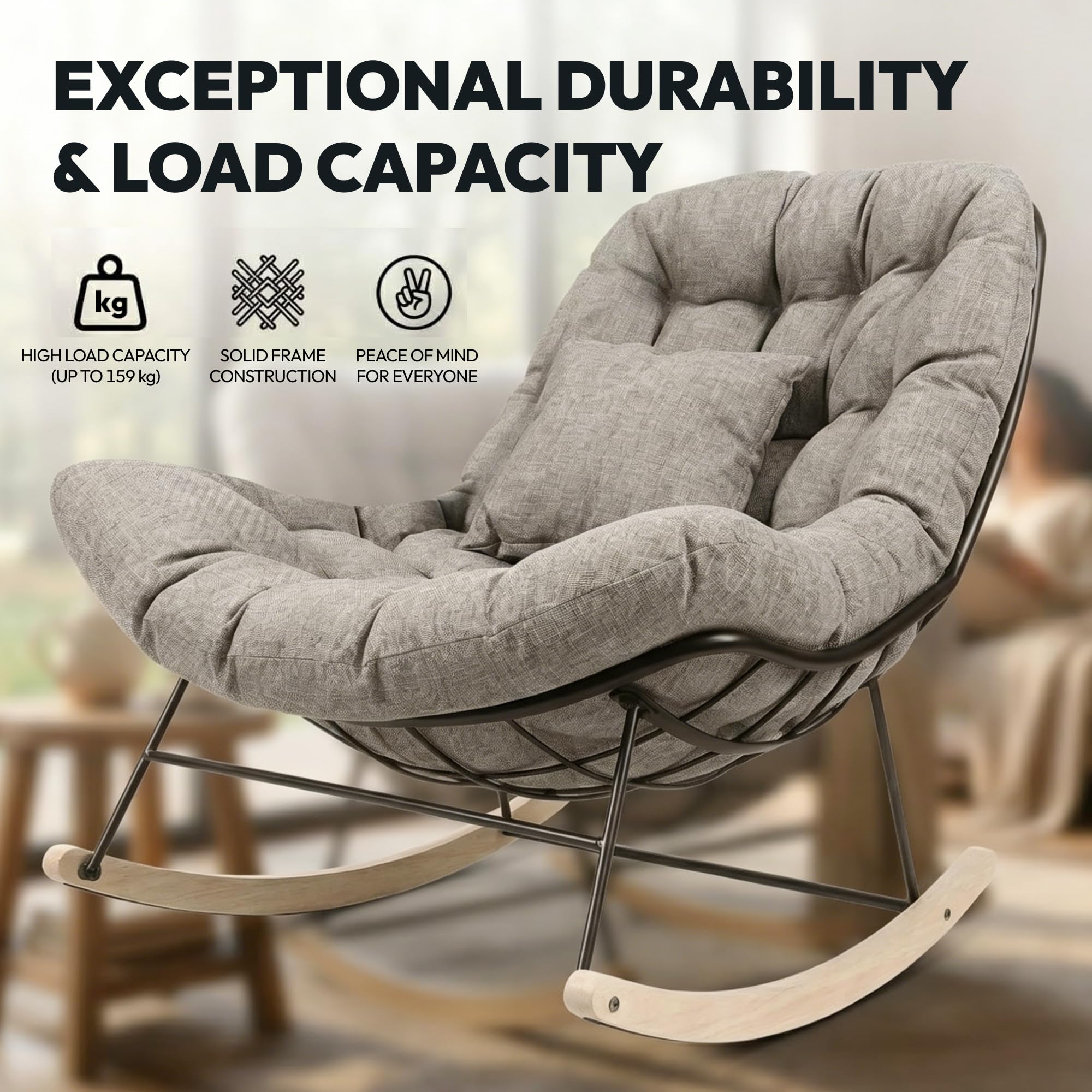 SANODESK Schaukelstuhl Outdoor für Balkon & Garten, gemütlicher Relaxsessel mit sanfter Schaukelbewegung, Loungesessel mit Kissen, bis 159 KG belastbar (Hellbraun)