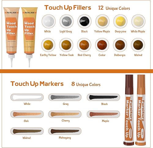 Miniatura 6 de REALINN Kit de reparación de muebles de madera, juego de 28 marcadores de retoque, rellenos con masilla de madera, reparación de arañazos, grietas,