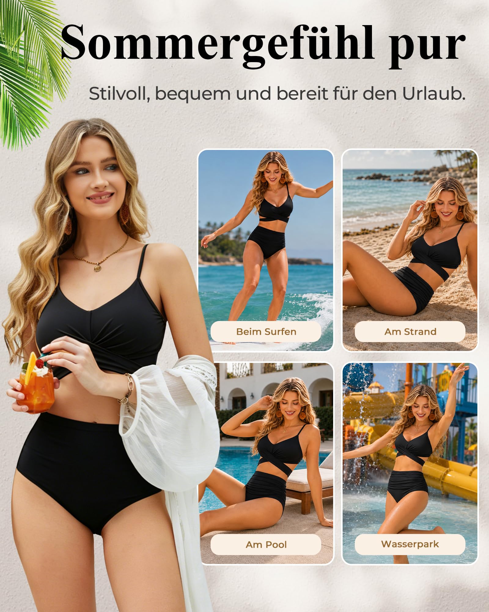 Bikini pour femme - Maillot de bain 2 pièces sexy taille haute push-up - Col en V - Croix réglable - Taille S à XXL
