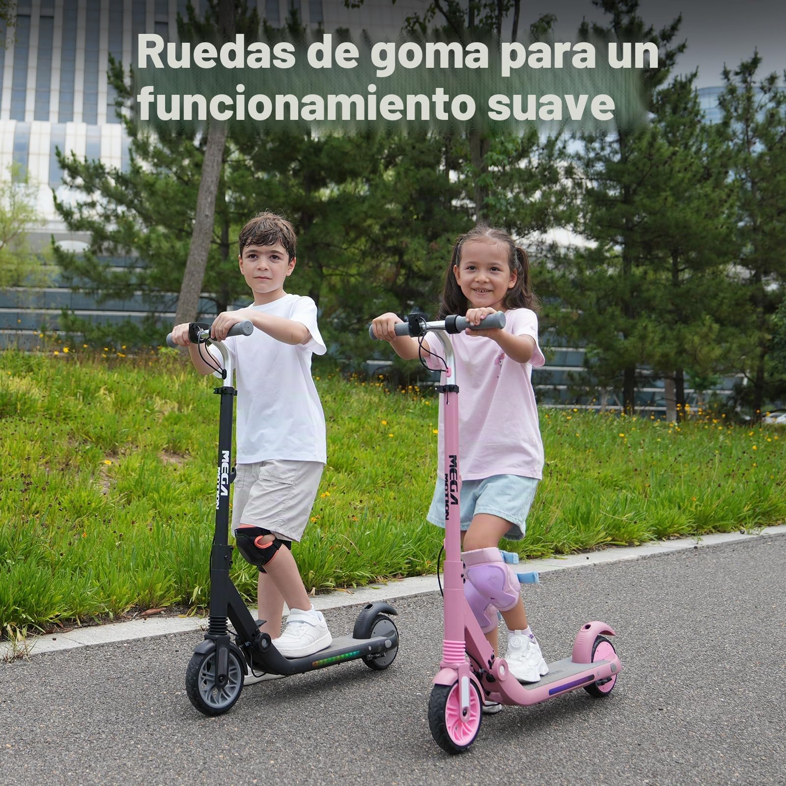 MEGA MOTION Patinete eléctrico para niños, 3 Modos de Velocidad, Motor de 150 W, Velocidad máxima de 16 km/h, Plegable, Manillar Ajustable, Ruedas de 15 cm y luz Lateral LED