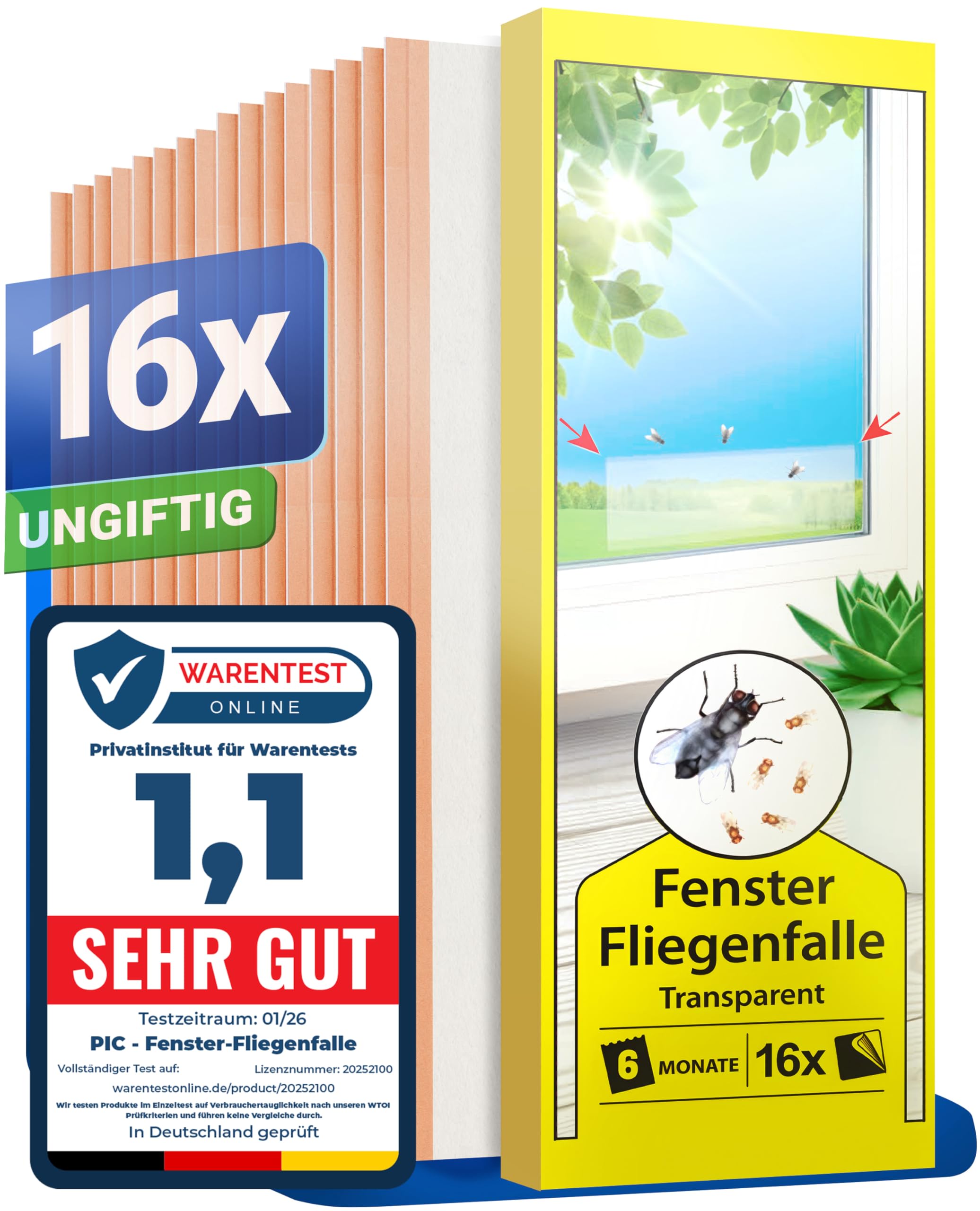 PIC Fliegenfalle Fenster 16 Stück – Transparente Fliegenfänger Klebestreifen für Fenster – Fliegenfalle Innenbereich als Klebefalle gegen Fliegen & Fruchtfliegen zur Fliegenabwehr
