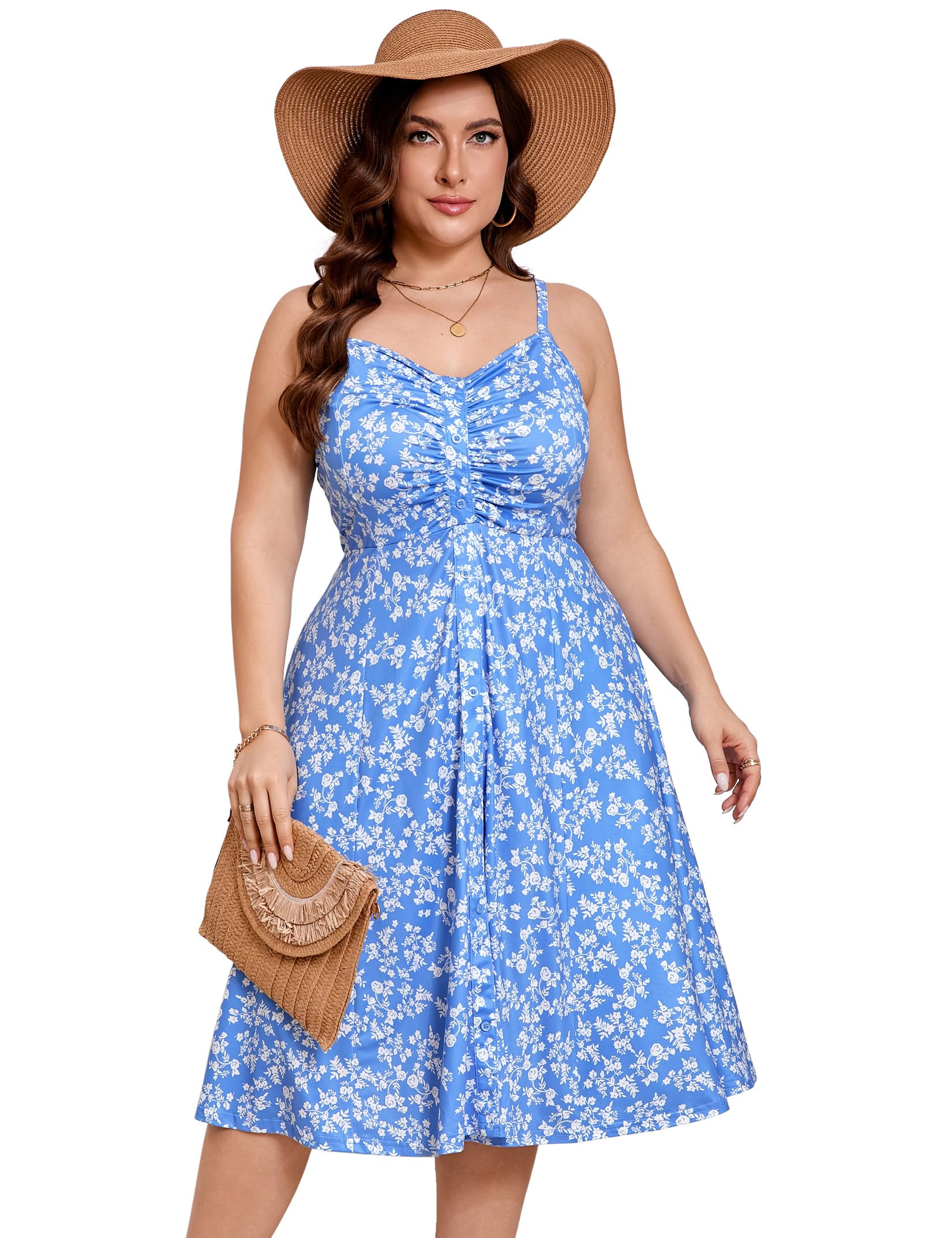 ShopWonder Womens Plus Size Summer Dress V Neck Floral Spaghetti Strap Sundress Button Down Pleated Swing Boho Midi Dress