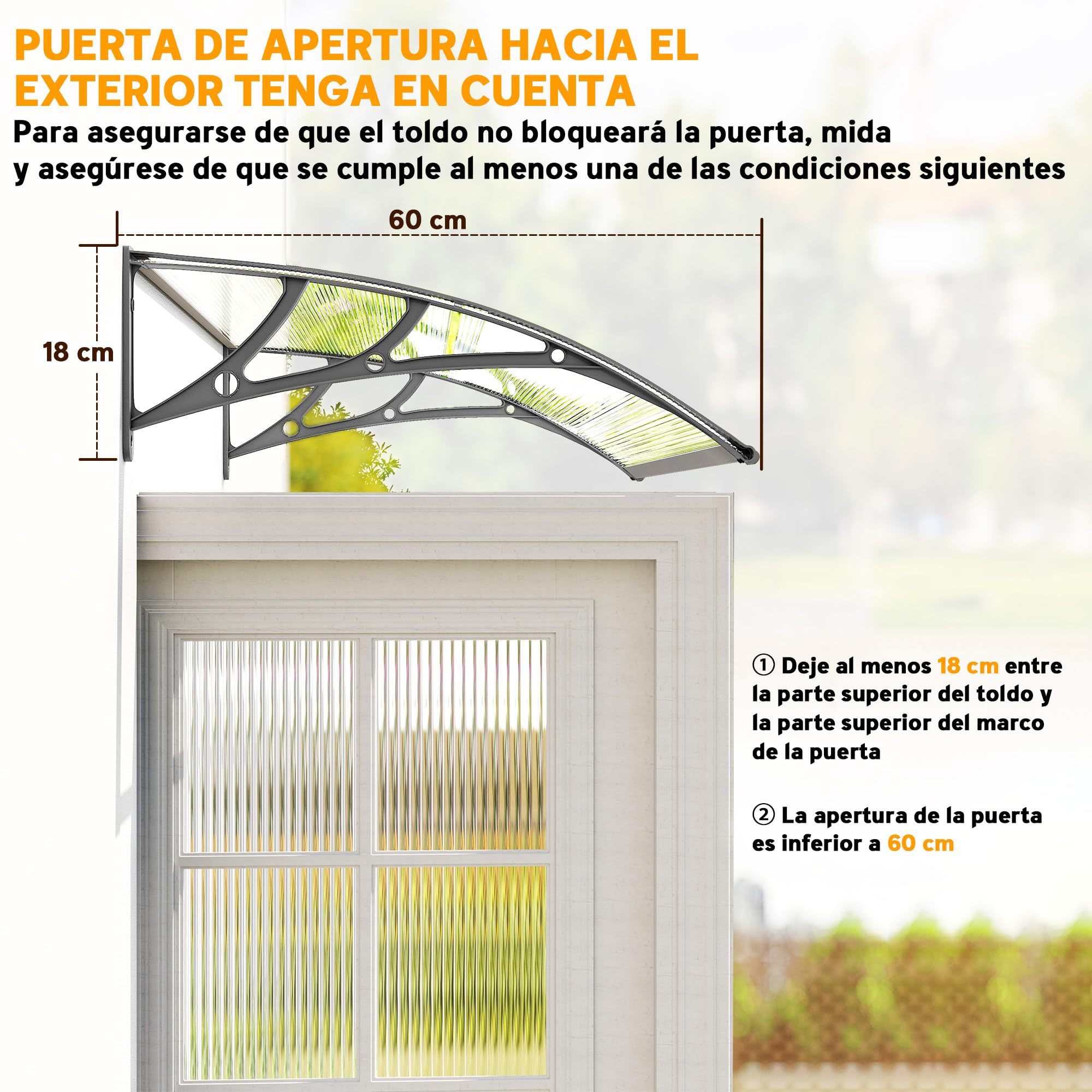 Outsunny Marquesinas Exterior para Puertas y Ventanas, 110x60 cm, Tejadillo de Protección contra Sol y Lluvia, con Cubierta de Policarbonato, Soportes de PP y Regleta de Aluminio, Gris y Transparente