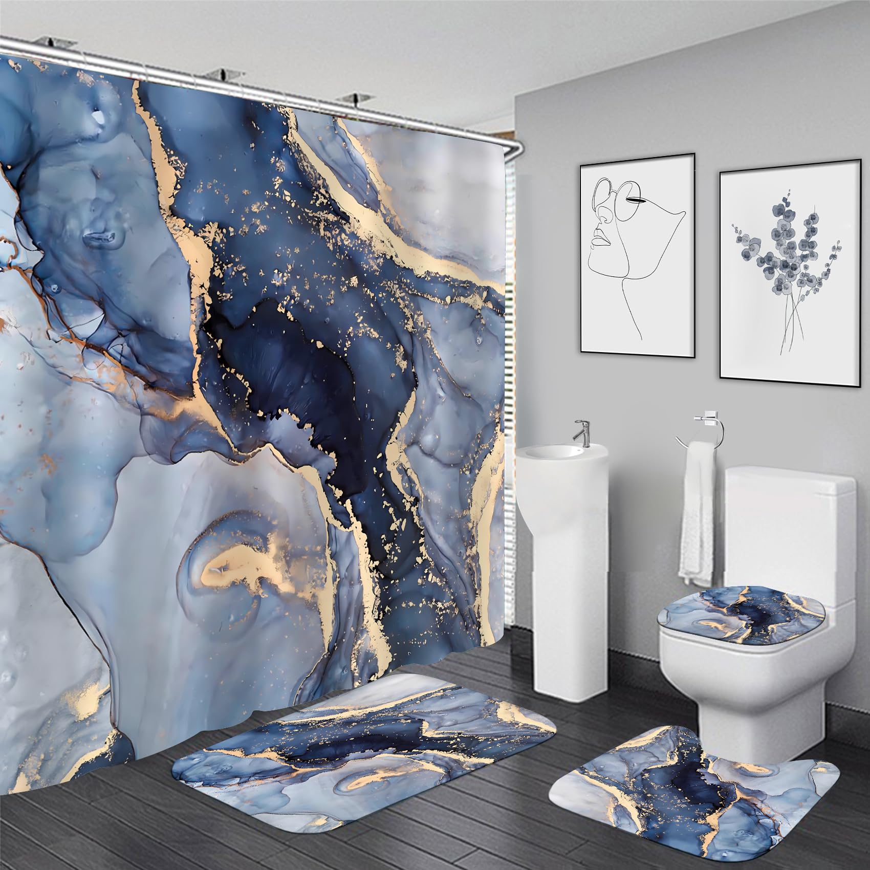 Rideau de douche marbre bleu et tapis pour relooker facilement une salle de bain terne