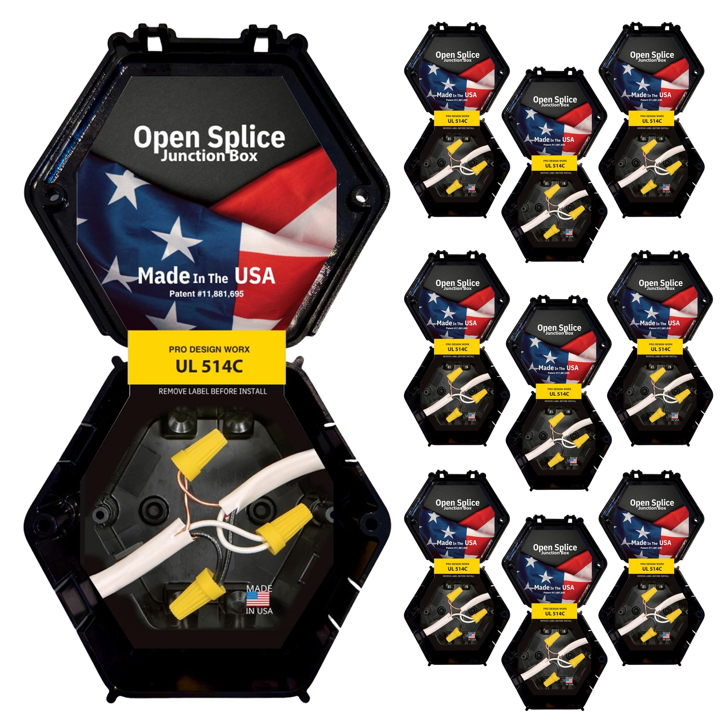 Open Splice Junction Box 10-Pack | UL 514C | One-Piece Polycarbonate Box, Code-Approved, Durable DIY Electrical Splice Enclosure in Black | Fast Installation for Safe Wiring Connections
