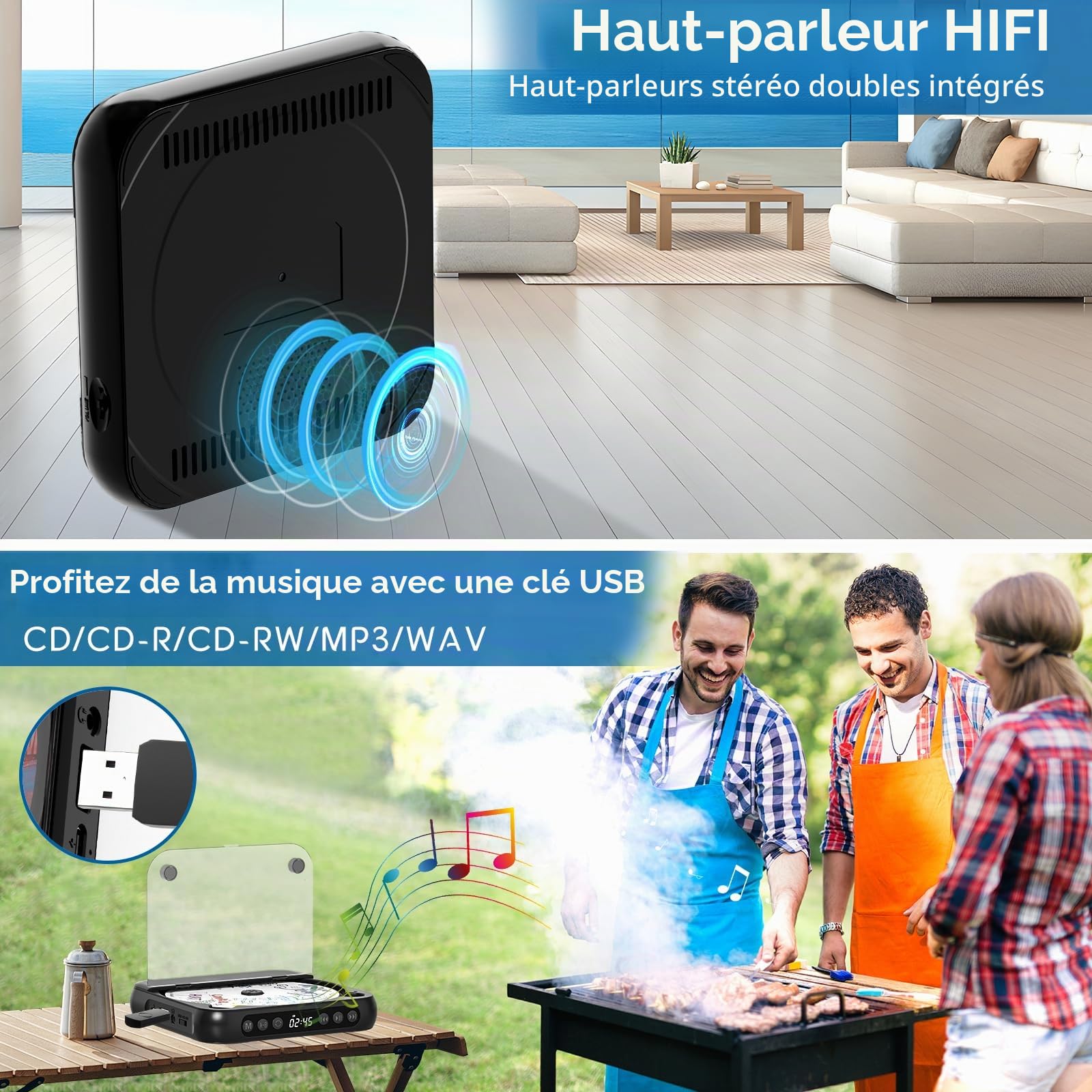 Lecteur CD portable avec Bluetooth, petit lecteur CD rechargeable, haut-parleurs HiFi intégrés, lecteur CD Walkman avec écouteurs, écran LCD, prise en charge CD/AUX/USB/répétition, noir
