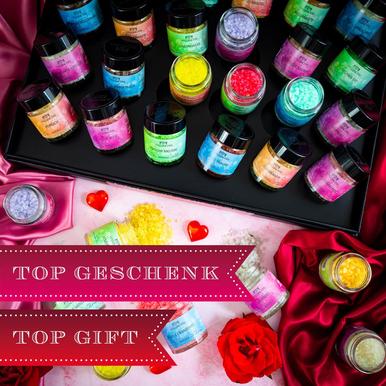 Hallingers Genuss Manufaktur Badesalze Valentinstagsgeschenk-Set - 24x Badezusatz mit Totes Meer Badesalz edle Geschenkbox, Badekristalle Fußbad & Spa "Ich Liebe Dich", Valentintstag für Frauen Männer