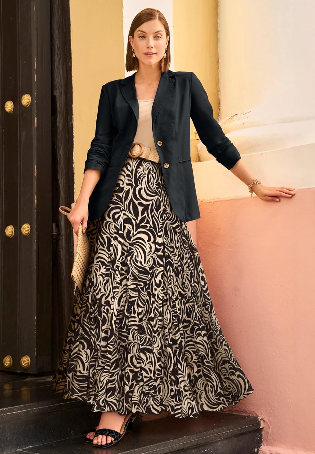 Jessica London Women's Plus Size Casual Long Sleeve Linen Blazer Jacket with Pockets