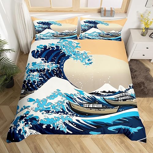 Erosebridal Juego de funda de edredón tamaño Queen con diseño de olas y temática de Ukiyo-e, juego de ropa de cama adecuado para adultos,
