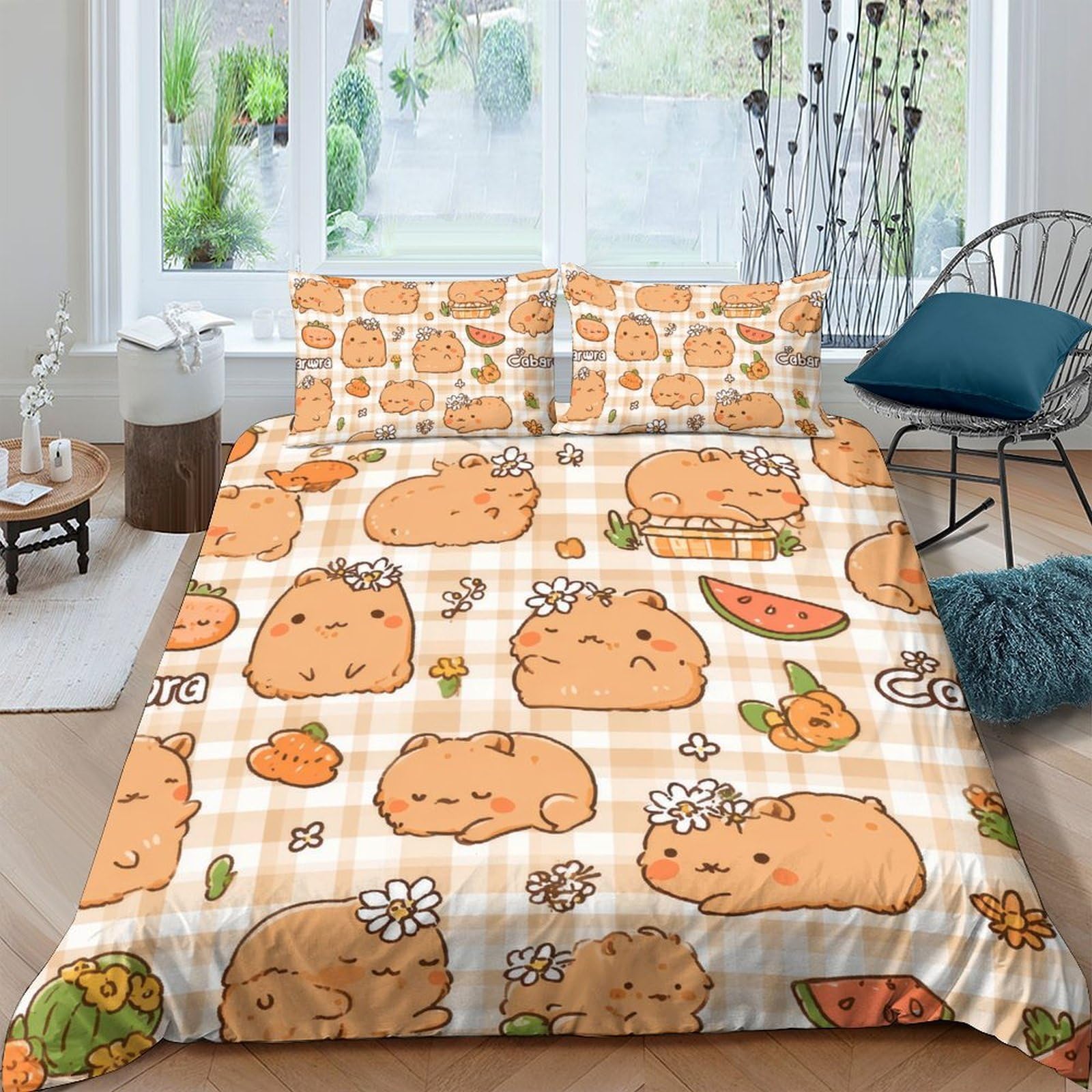TUFRTGYHN 3D Printed Cute Hamster Duvet Cover Set Microfiber Breathable Orange Animal Bedding with 2 Pillowcases for Bedroom Decor Single（135x200cm）
