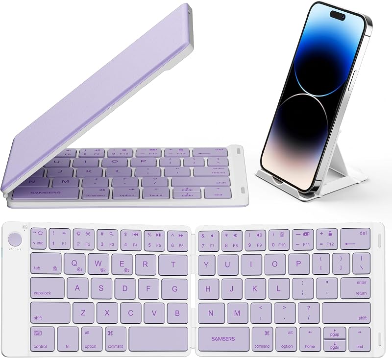 Samsers Teclado Bluetooth plegable ultradelgado para teléfono, tableta, PC, morado | Funda de cuero PU, soporte para teléfono, tamaño de la palma de la mano, BT x 3, diseño compacto portátil, para viajeros mecanógrafos, en movimiento, trabajo celular