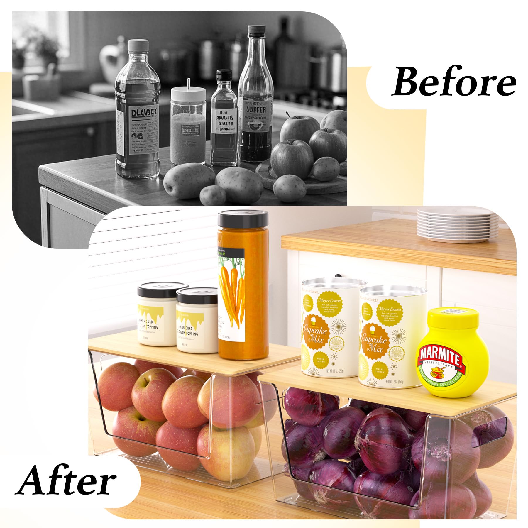 Paquete de 6 contenedores de almacenamiento apilables transparentes con tapas de bambú, contenedores de almacenamiento de plástico con asa para despensa, baño, cocina, armario, organizador de 8