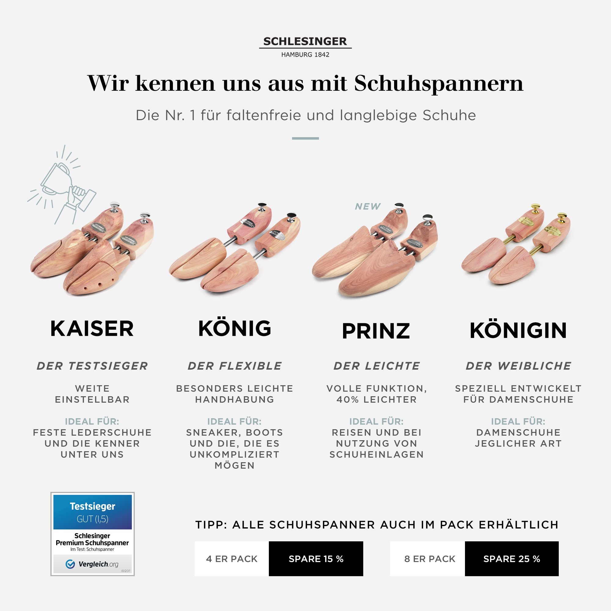 Schlesinger – 8 Paar Premium Herren Schuhspanner aus edlem Zedernholz für eine optimale Schuhpflege. Modell Kaiser. Größe 39 – 48 in Silber oder Gold.