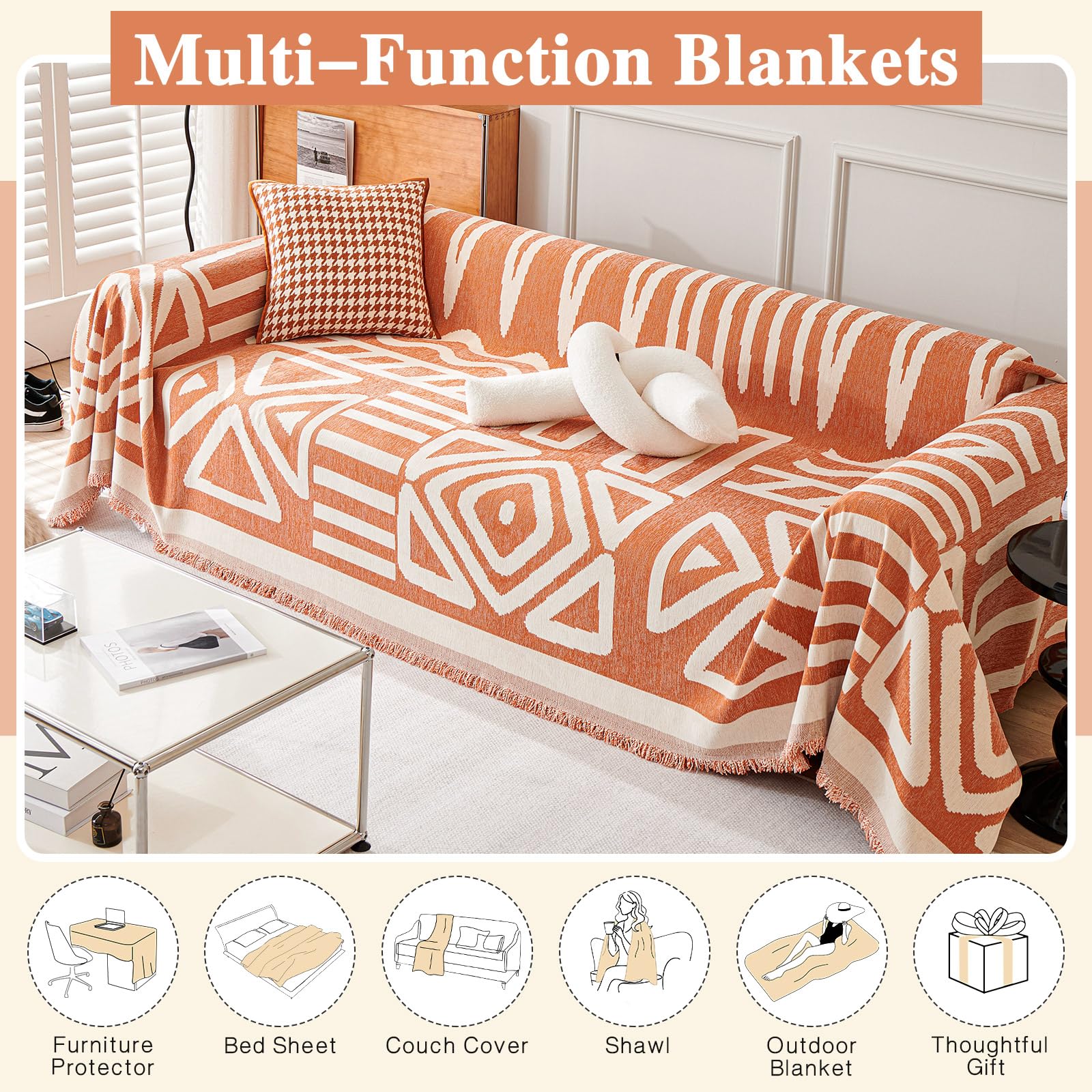 TAOTAOGO Sofa Cover 3 Seater Boho Chenille Corner Sofa Slipcover Washable L Shape Sofa Covers AB Sided Sectional Couch Cover with Tassel Furniture Protector for Pet All-Season A Orange 180x340cm - Image 3