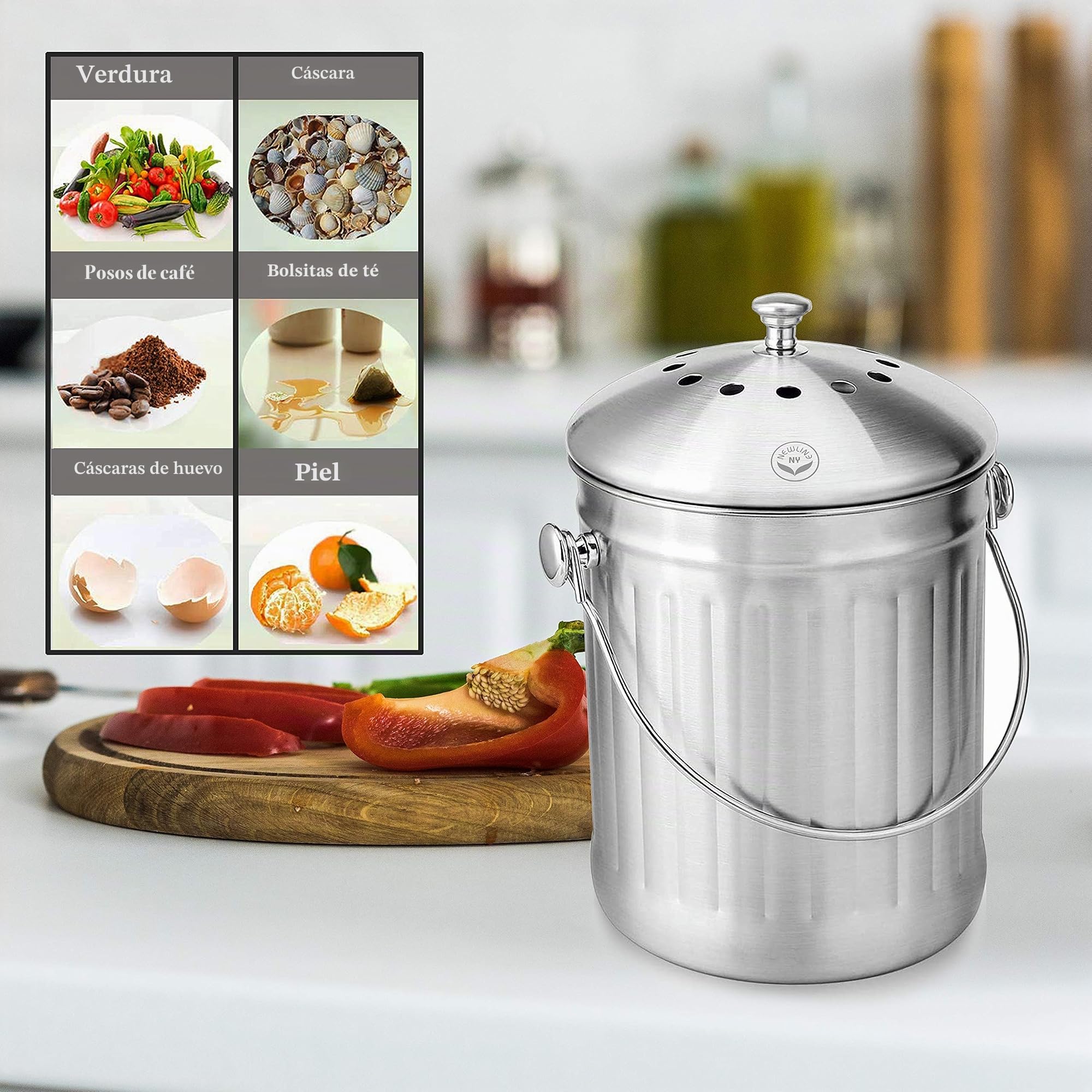 NewlineNY - Cubo de abono de Acero Inoxidable para encimera de Cocina, Cubo de Reciclaje de 1.3 galones con 2 filtros de carbón