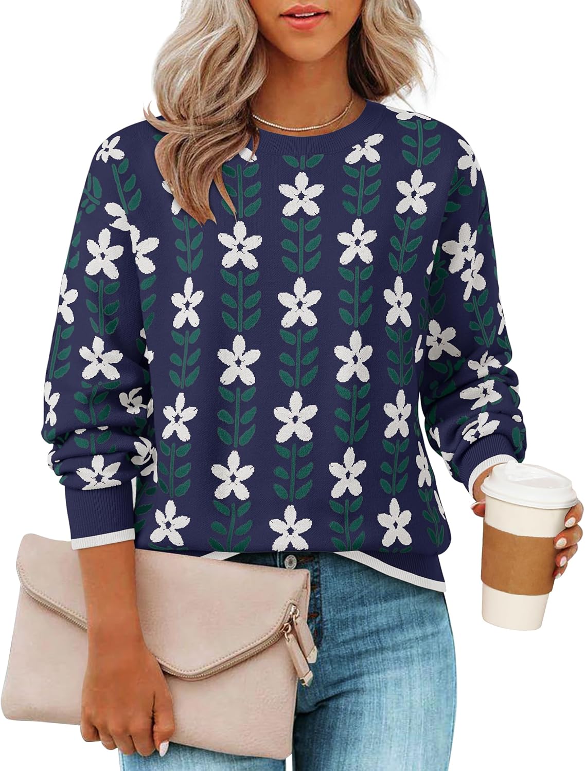 ZESICA Women's Long Sleeve Crewneck Sweater 2026 Fall Printed Cute Oversized Knitted Pullover Tops Trendy Clothes