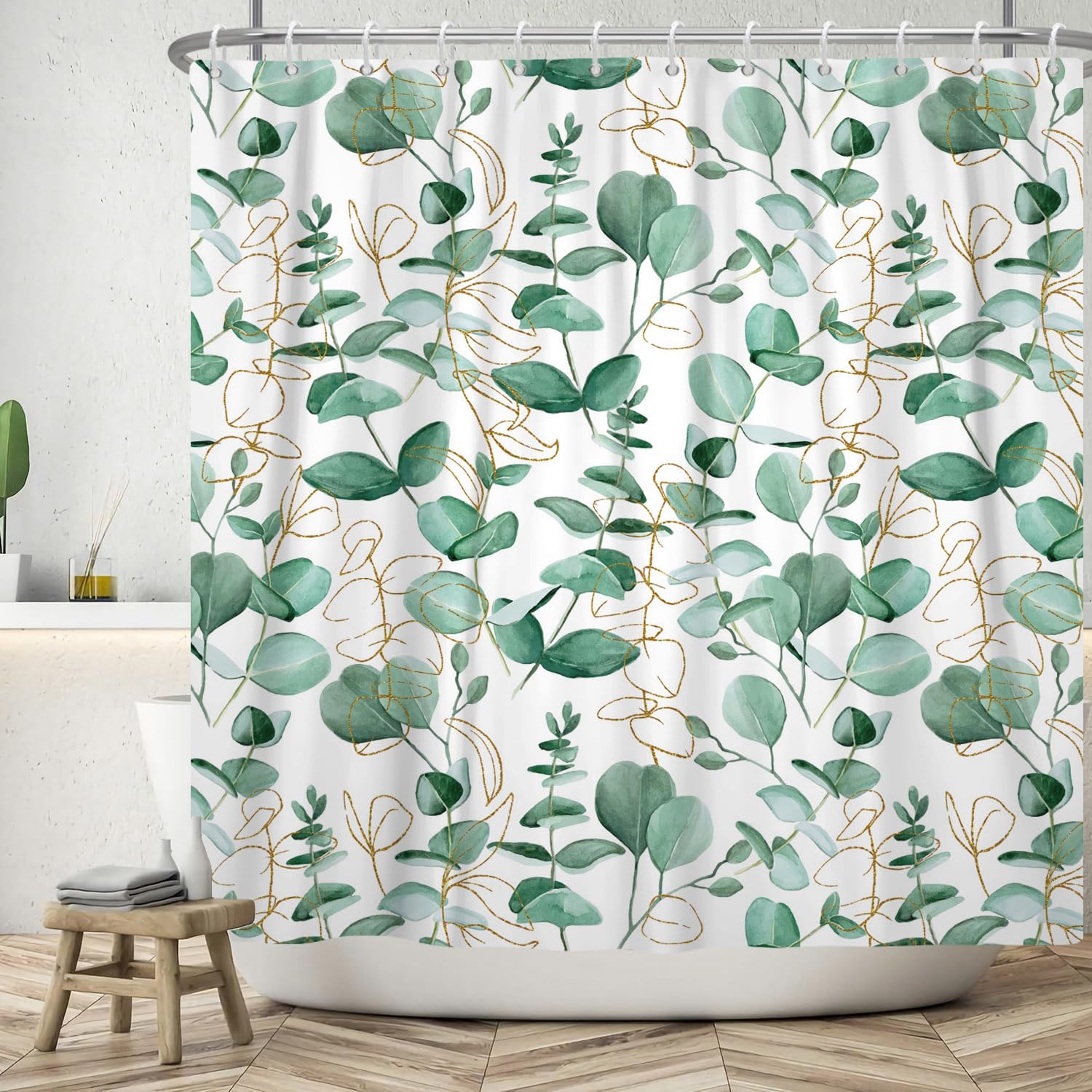 ASDCXZ Leaves Shower Curtain 180x220 cm, Spring Simplicity Green Turquoise Gold Leaves White Bath Washable Shower Curtains Polyester Textile Waterproof Bath Curtain for Bathtub with 12 Hooks — image 1