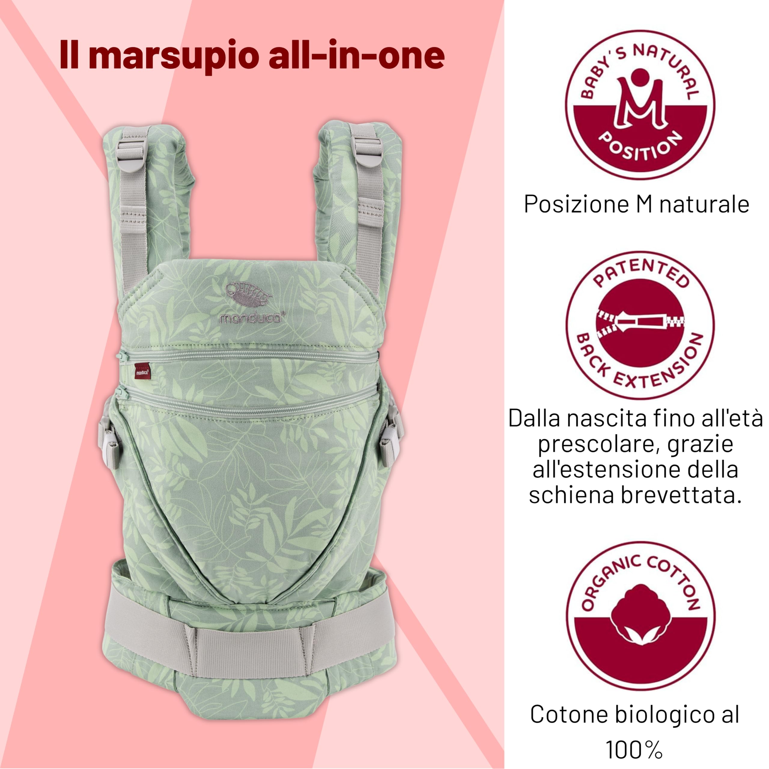 manduca XT - Zaino per neonati espandibile, per neonati e bambini piccoli, in cotone biologico, per porteo anteriore, fianchi e schiena, botanico verde