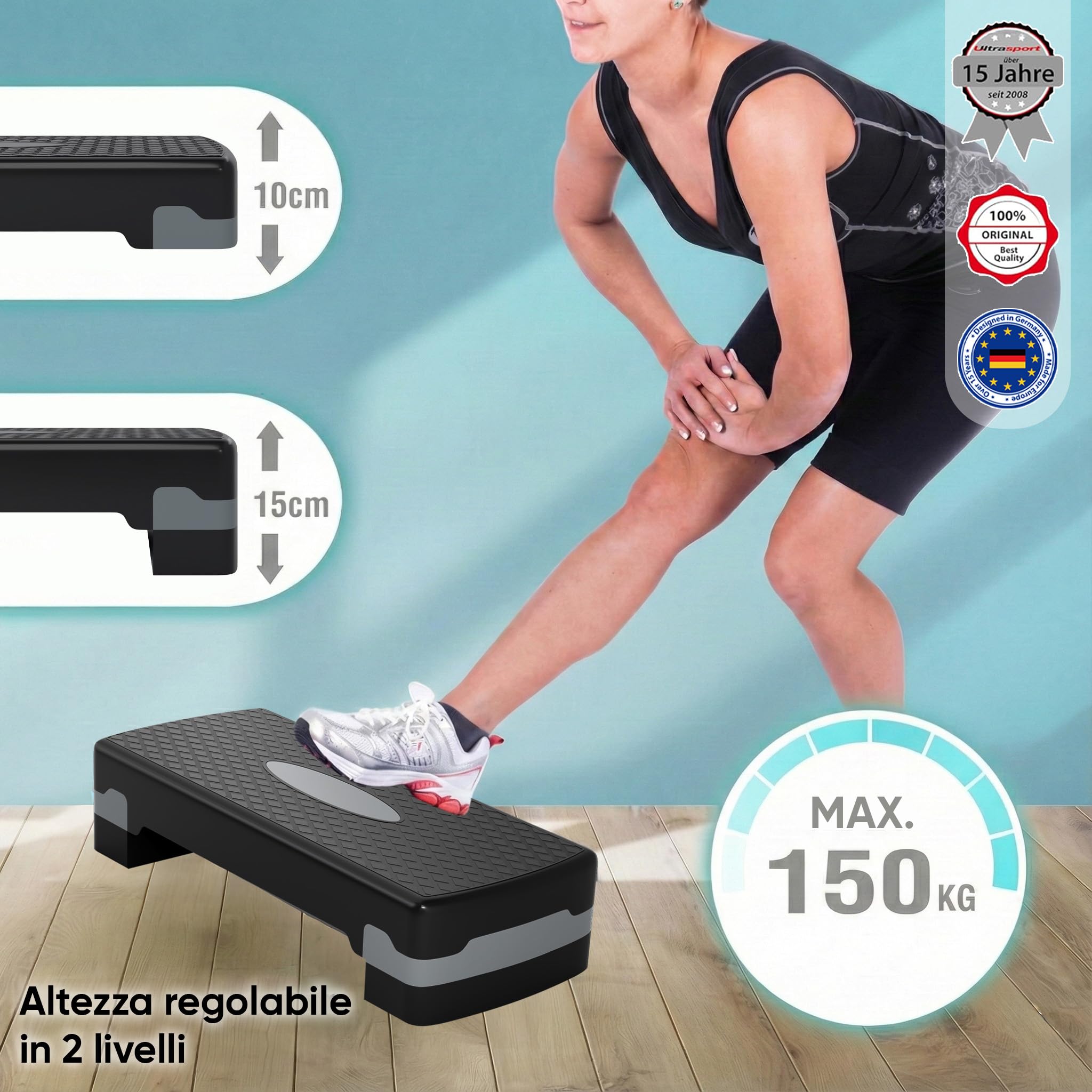 Ultrasport Step Fitness Stepper Aerobica Antiscivolo Regolabile 2 Altezze Stepboard 68x28 cm Grigio