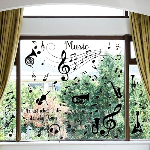 Miniatura 7 de Whaline 9 hojas de notas musicales para ventana, calcomanías coloridas de notas musicales para ventana, decoración de ventana de trompeta de