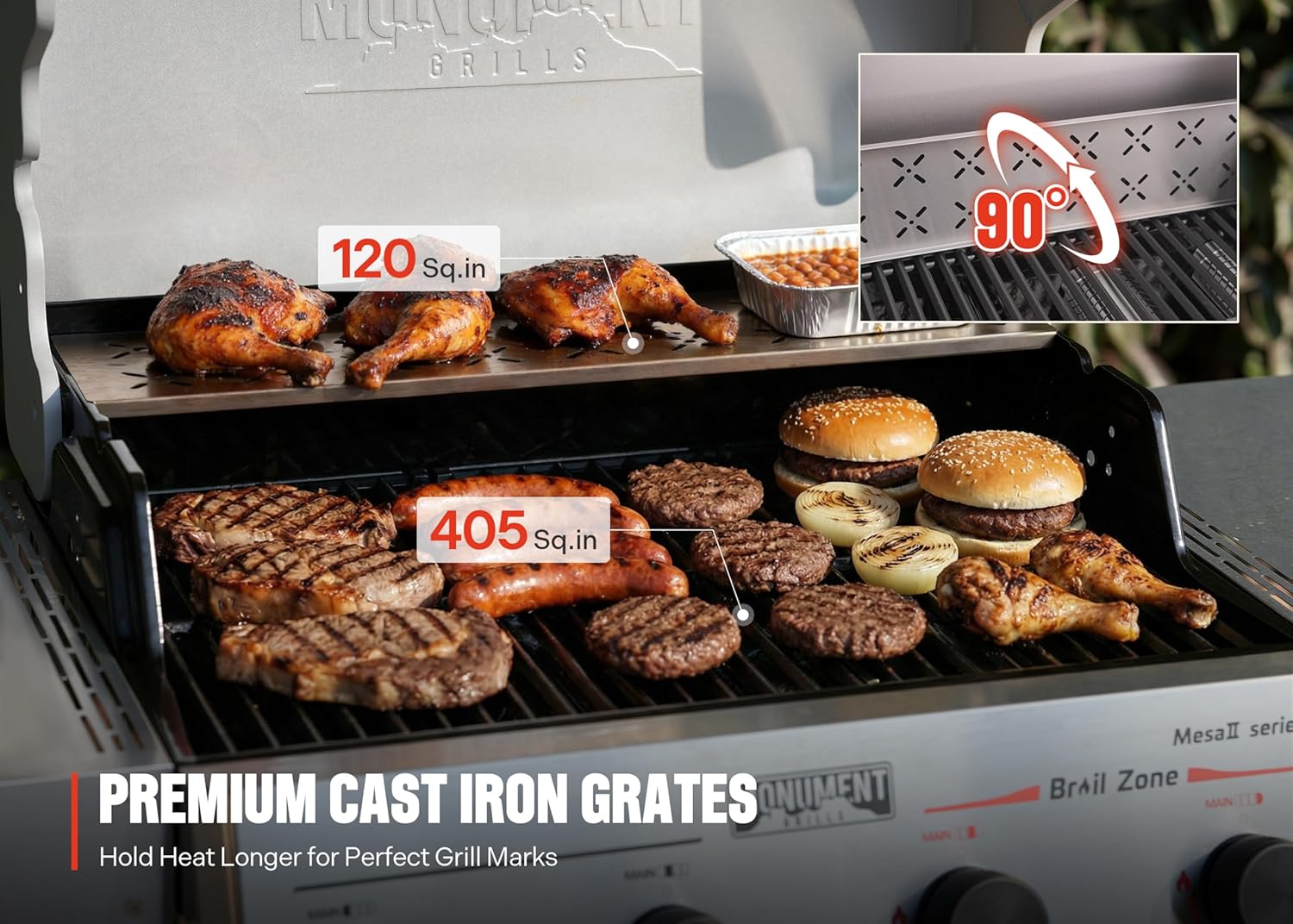 Monument Grills 4 Burner Propane Gas Grill with Advanced Broil Zone, Stainless Steel Outdoor Mesa 2 Barbecue Grill, Foldable Side Shelves, 500°F in 5 Mins, Assembles in 30 Minutes, Mesa II 410FBZ