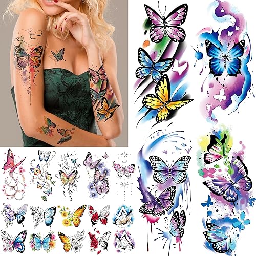 Cerlaza Tatuajes de mariposa 3D temporales realistas para mujeres adultas, 79 hojas de tatuajes temprarios de acuarela para mujeres, calcomanías