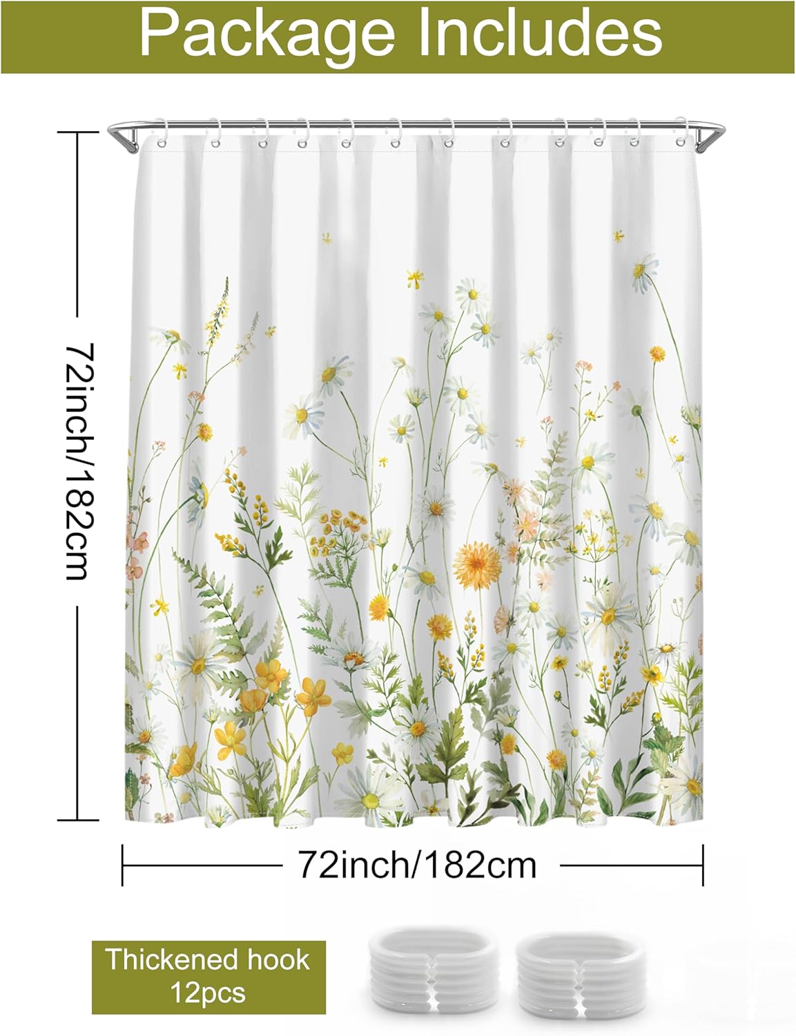 SUMGAR Floral Shower Curtains for Bathroom Yellow Green Blooming Flowers Shower Curtain Polyester Fabric Waterproof Washable Shower Curtain Sets for Bath Decor with 12 Hooks, 72 x 72 Inch